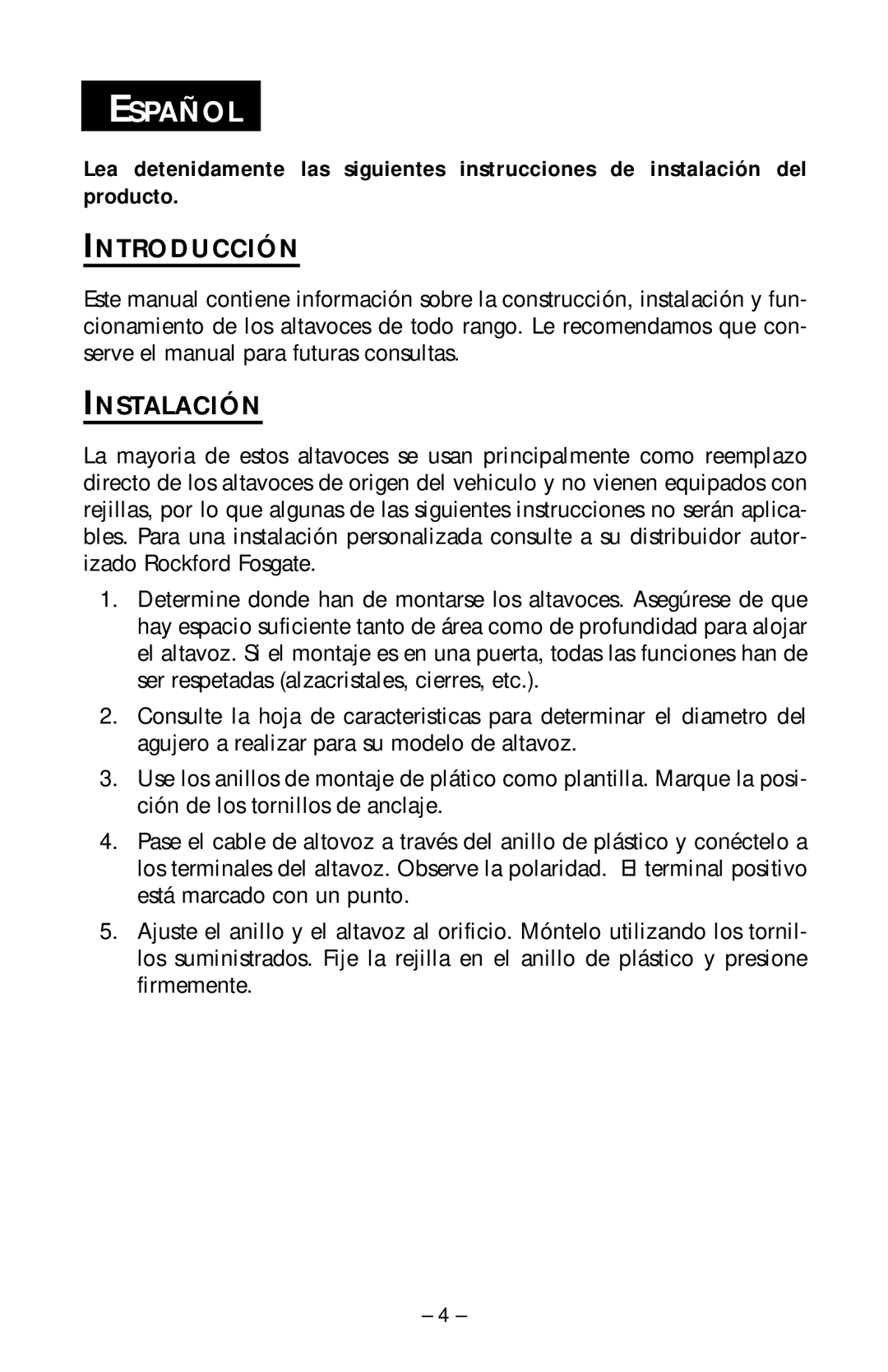 Rockford Fosgate FRC2269, FRC2369, FRC2257, FRC2246, FRC2203, FRC2204T, FRC2206U manual Español, Introducción, Instalación 