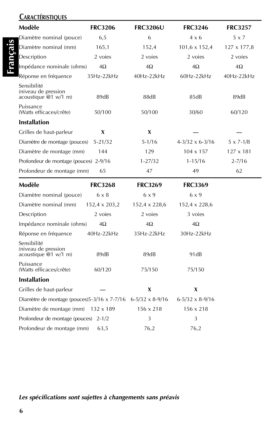 Rockford Fosgate FRC3246, FRC3269, FRC3257, FRC3205 FRC3206U, Les spécifications sont sujettes à changements sans préavis 