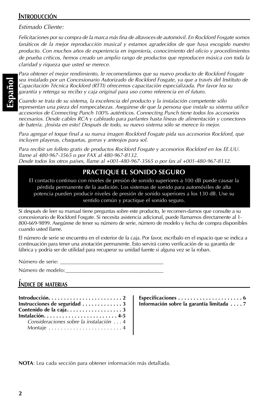 Rockford Fosgate FRC3257, FRC3269, FRC3246, FRC3206U, FRC3205, FRC3204T Introducción, Estimado Cliente, Índice DE Materias 