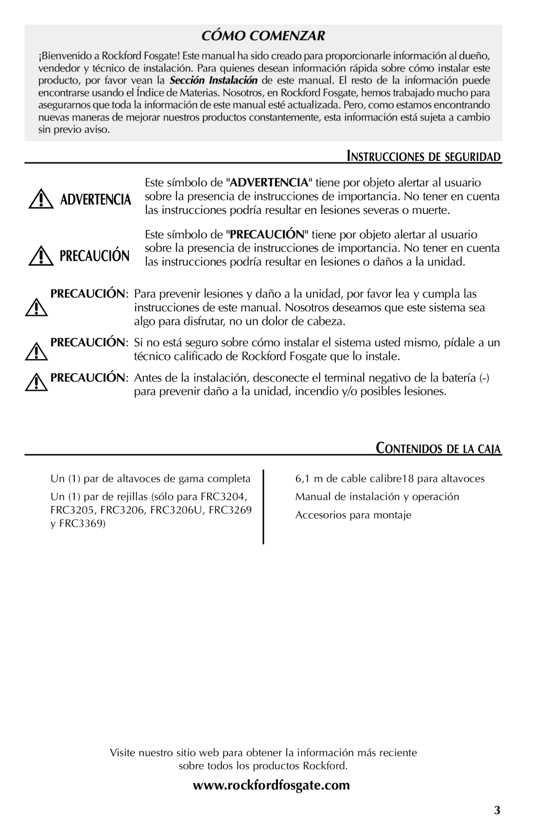 Rockford Fosgate FRC3205 Cómo Comenzar, Instrucciones DE Seguridad, Técnico calificado de Rockford Fosgate que lo instale 