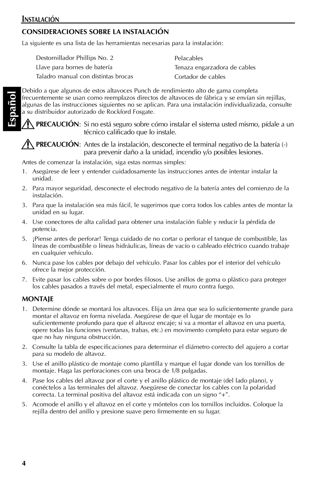 Rockford Fosgate FRC3269, FRC3246, FRC3206U, FRC3257, FRC3205 Instalación Consideraciones Sobre LA Instalación, Montaje 