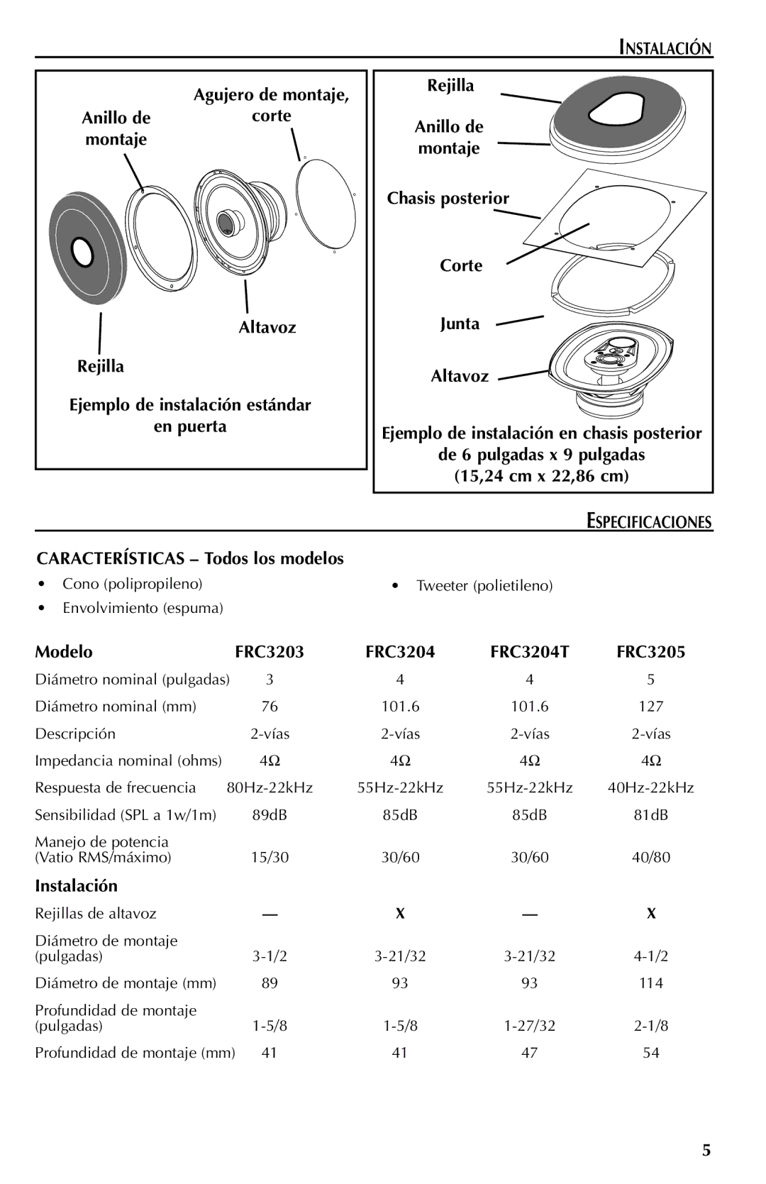 Rockford Fosgate FRC3204T, FRC3269, FRC3246, FRC3206U, FRC3257, FRC3205, FRC3203, FRC3369, FRC3268 manual Instalación 