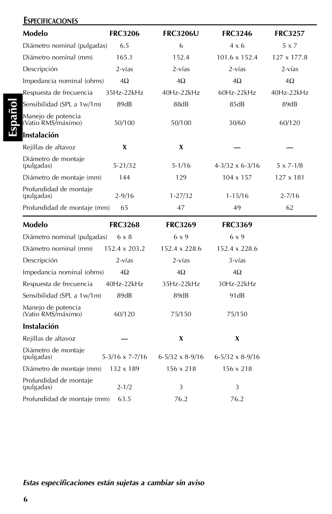 Rockford Fosgate FRC3203, FRC3269, FRC3246 manual Especificaciones, Estas especificaciones están sujetas a cambiar sin aviso 