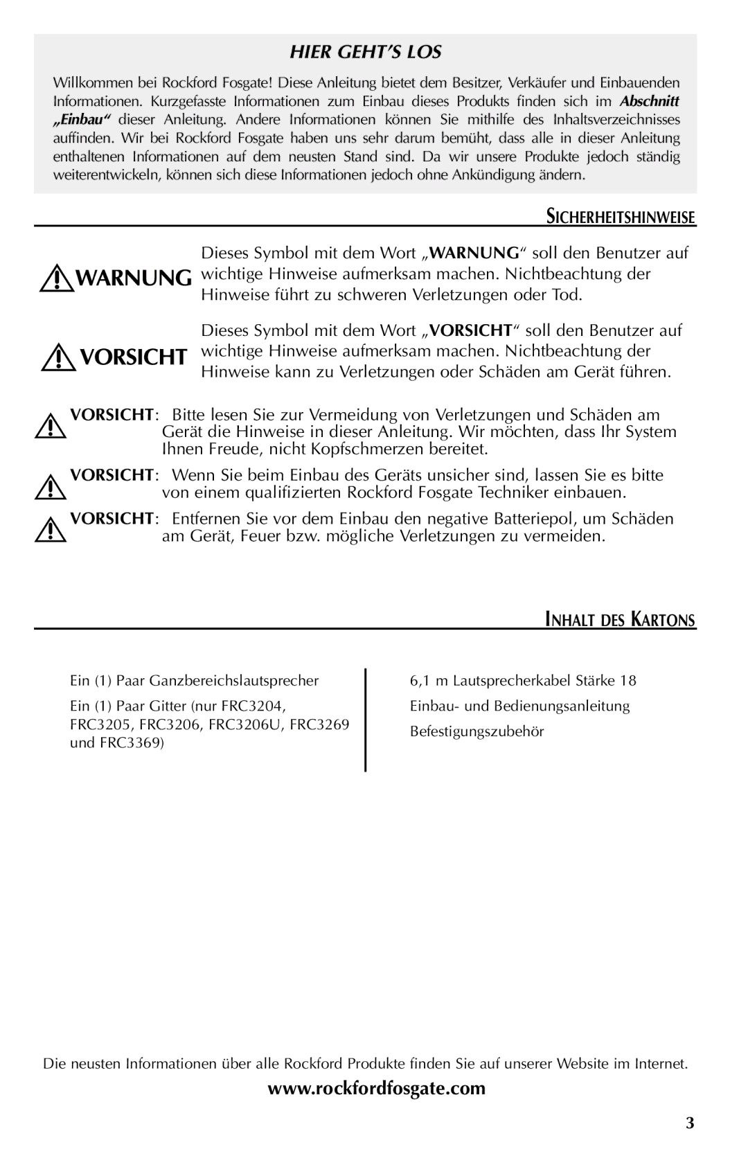 Rockford Fosgate FRC3268 Hier GEHT’S LOS, Sicherheitshinweise, Am Gerät, Feuer bzw. mögliche Verletzungen zu vermeiden 