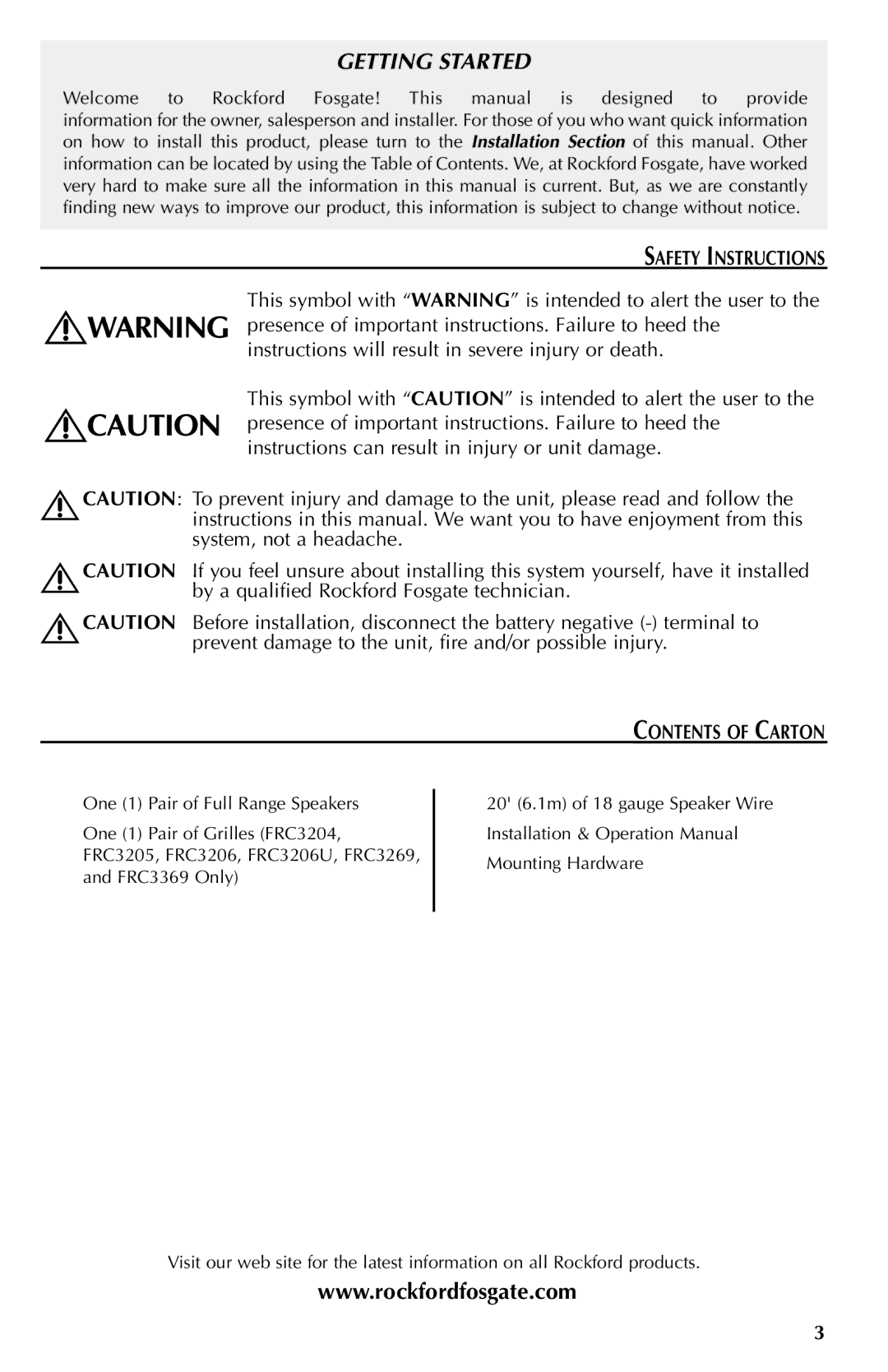 Rockford Fosgate FRC3257, FRC3269, FRC3246, FRC3206U, FRC3205 manual Getting Started, Safety Instructions, Contents of Carton 