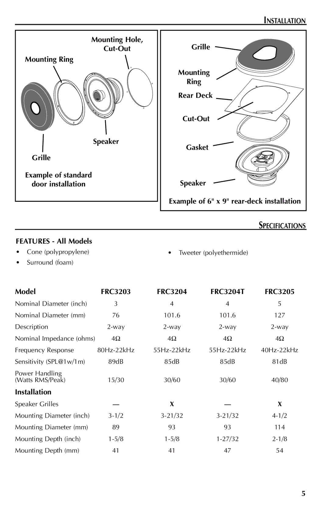 Rockford Fosgate FRC3269, FRC3246, FRC3206U, FRC3257, FRC3205, FRC3204T, FRC3203, FRC3369 manual Installation, Specifications 