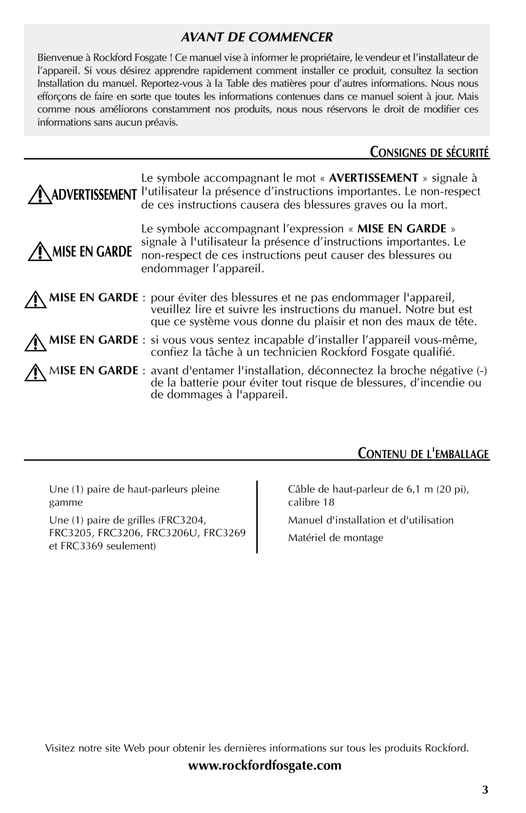 Rockford Fosgate FRC3204, FRC3269, FRC3246, FRC3206U manual Avant DE Commencer, Consignes DE Sécurité, Contenu DE Lemballage 