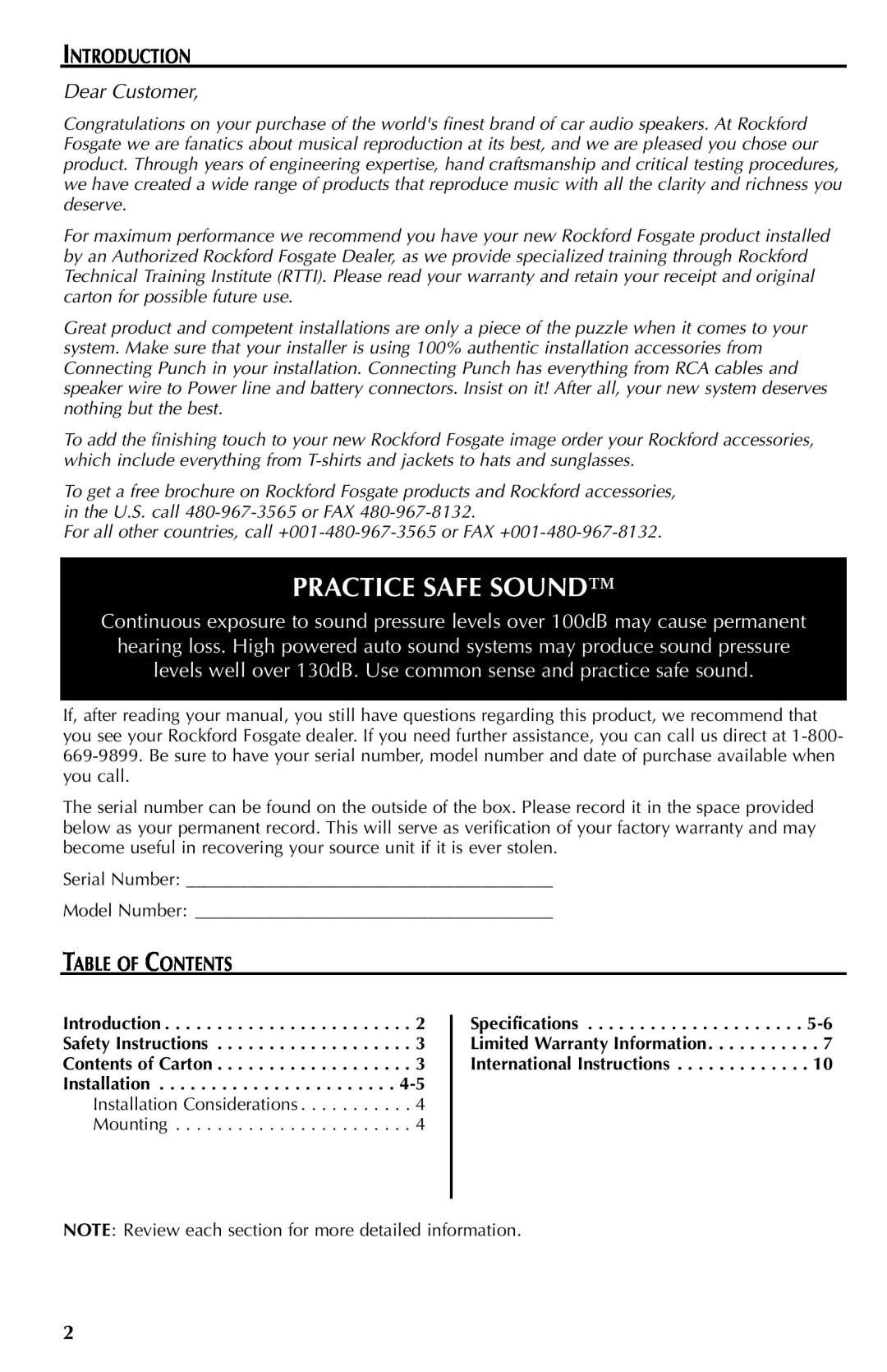 Rockford Fosgate FRC3206U Practice Safe Sound, Introduction, Dear Customer, Table Of Contents, International Instructions 