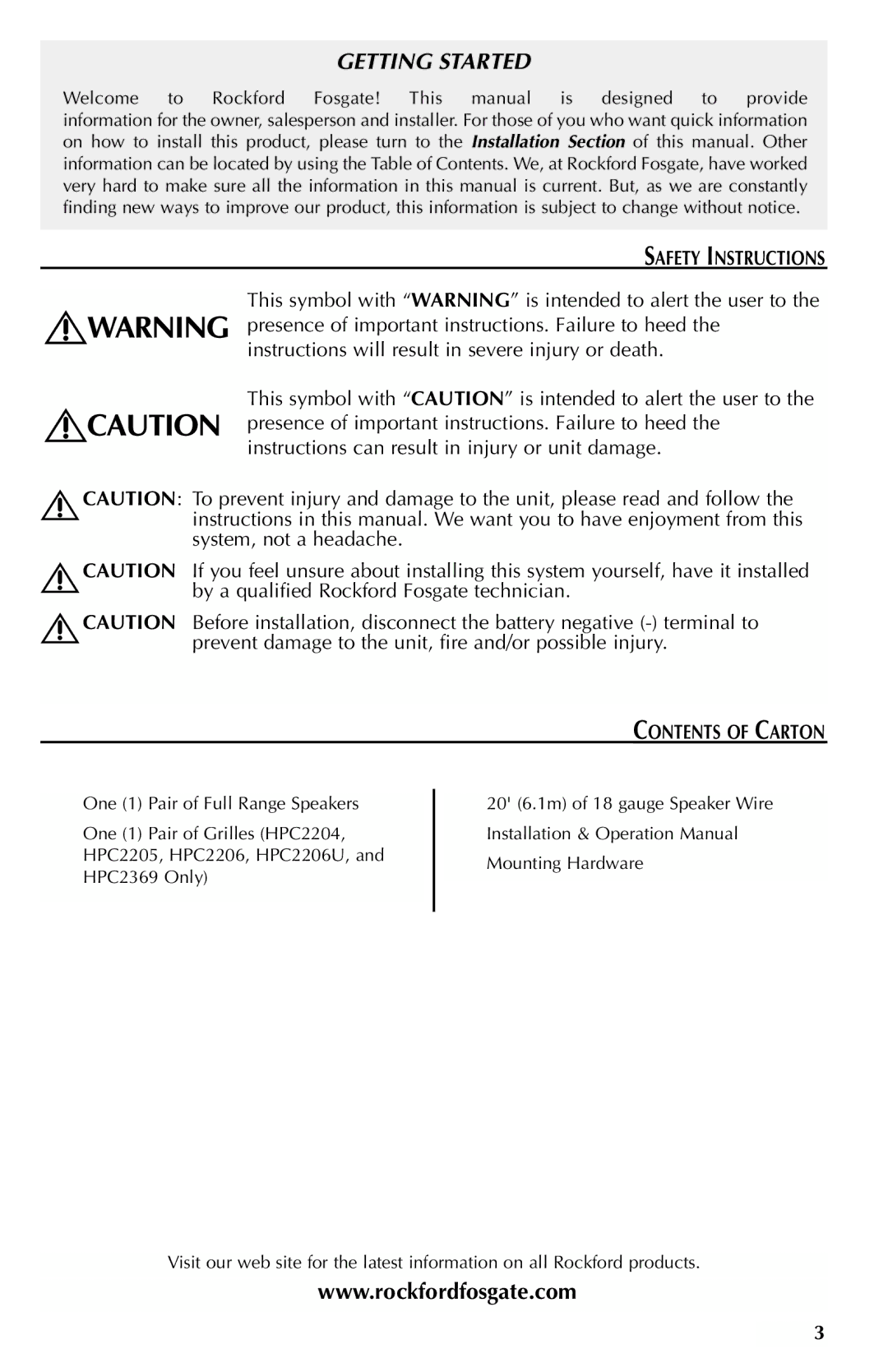 Rockford Fosgate HPC2206U, HPC2268, HPC2257, HPC2369, HPC2246, HPC2205, HPC2204 manual Safety Instructions, Contents of Carton 