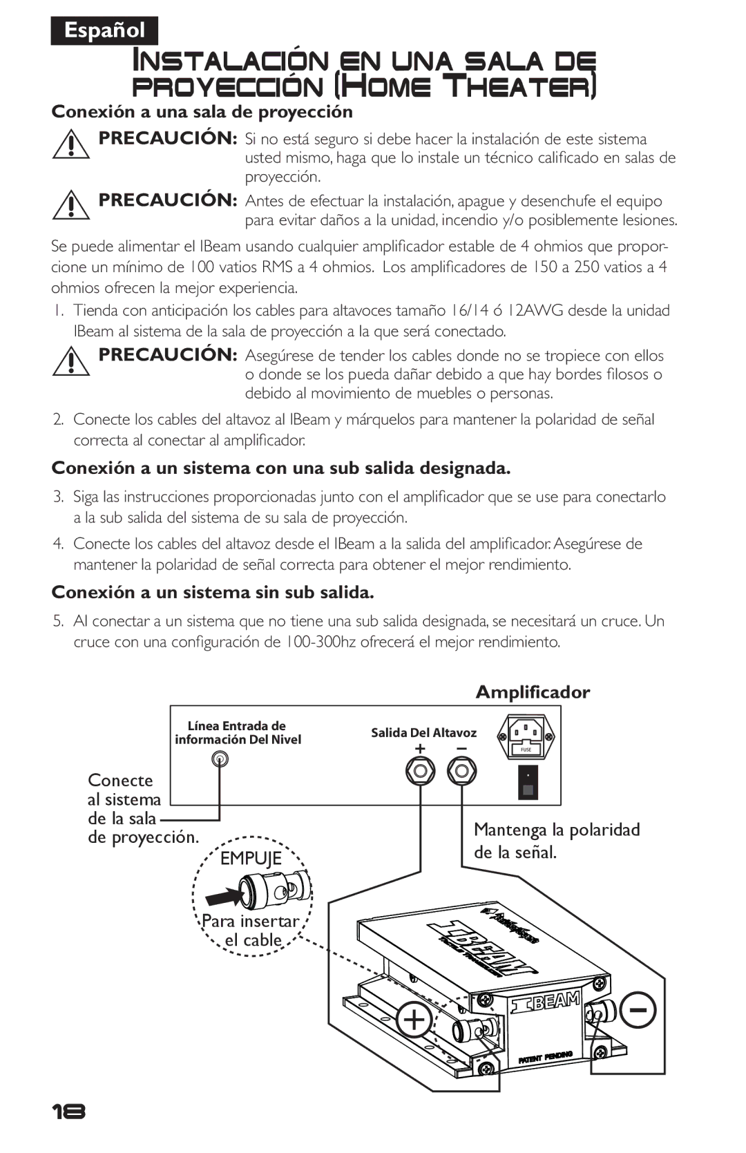 Rockford Fosgate IB-200 manual Conexión a una sala de proyección, Conexión a un sistema con una sub salida designada 