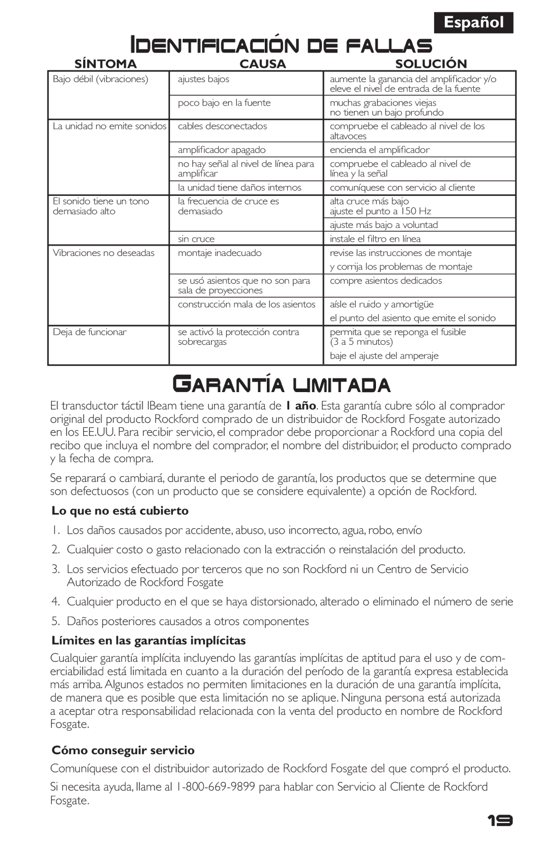 Rockford Fosgate IB-200 manual Identificacion de fallas, Garantia´ limitada 