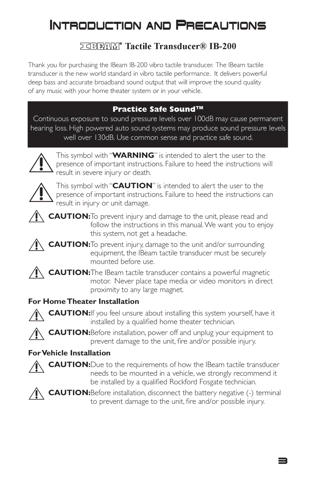 Rockford Fosgate IB-200 manual Introduction and Precautions, For Home Theater Installation For Vehicle Installation 