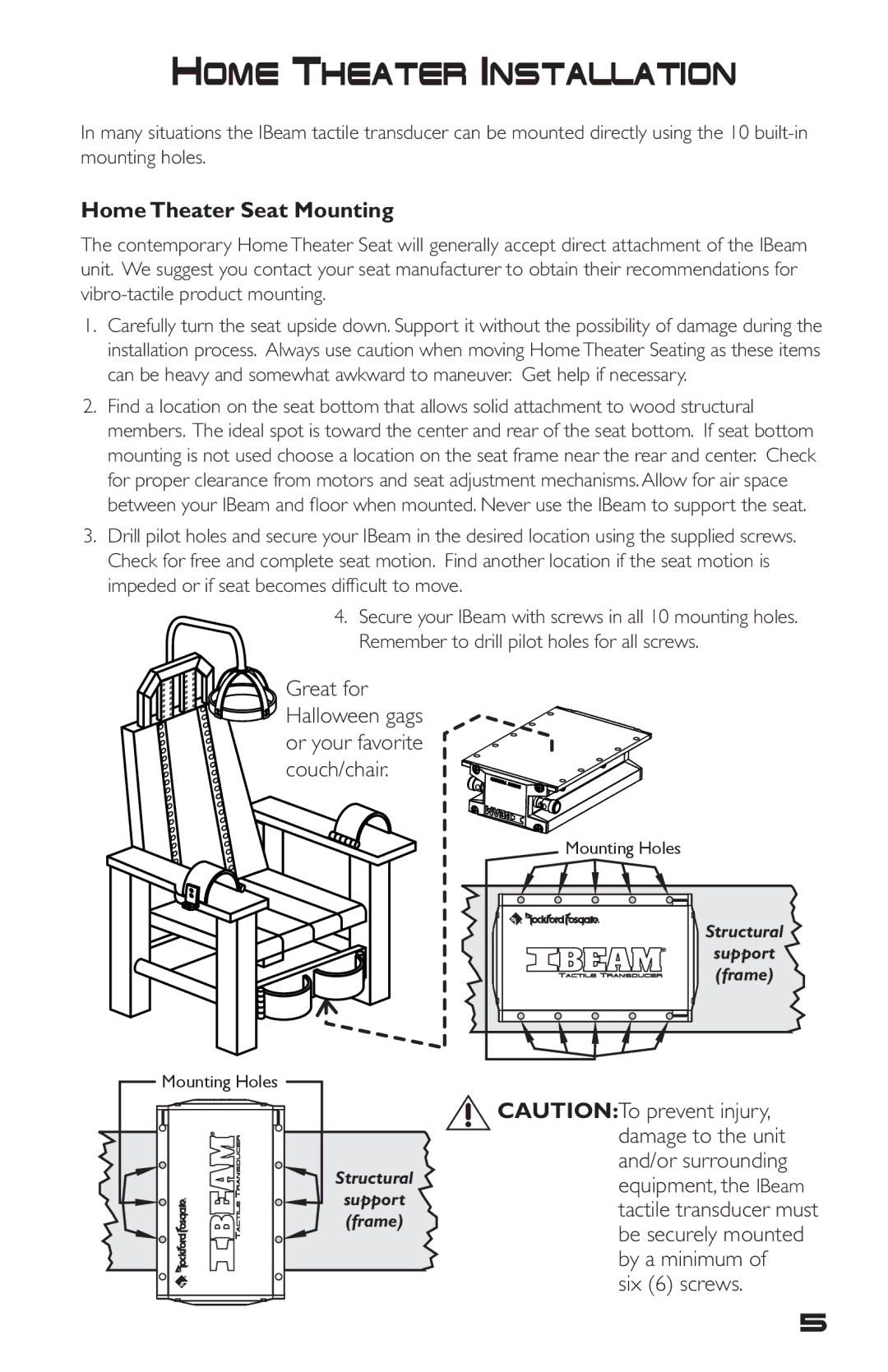 Rockford Fosgate IB-200 manual Home Theater Installation, Home Theater Seat Mounting 