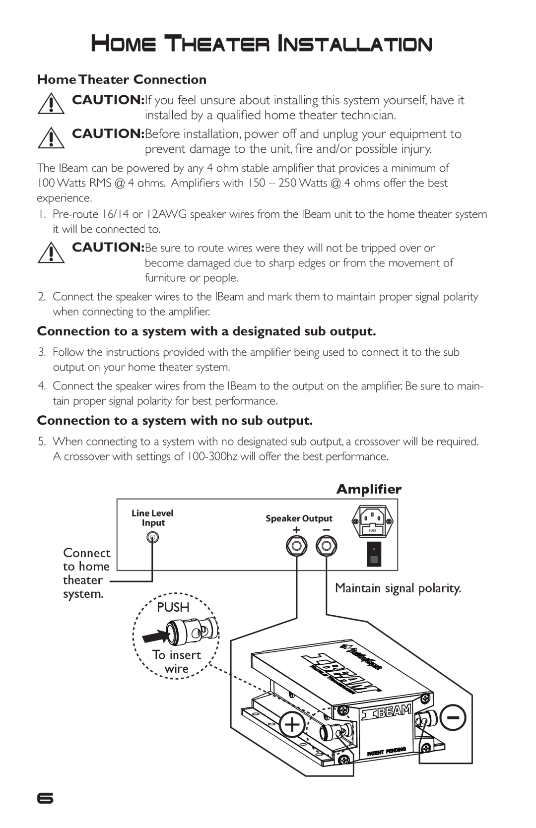 Rockford Fosgate IB-200 manual Home Theater Connection, Connection to a system with a designated sub output, Amplifier 