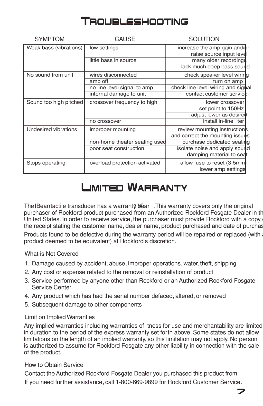 Rockford Fosgate IB-200 manual Troubleshooting, Limited Warranty 