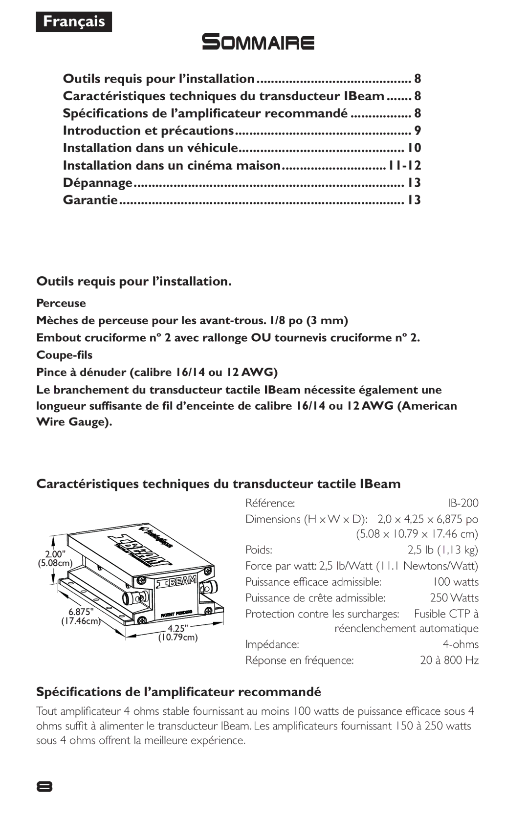 Rockford Fosgate IB-200 manual 11-12, Outils requis pour l’installation, Spécifications de l’amplificateur recommandé 