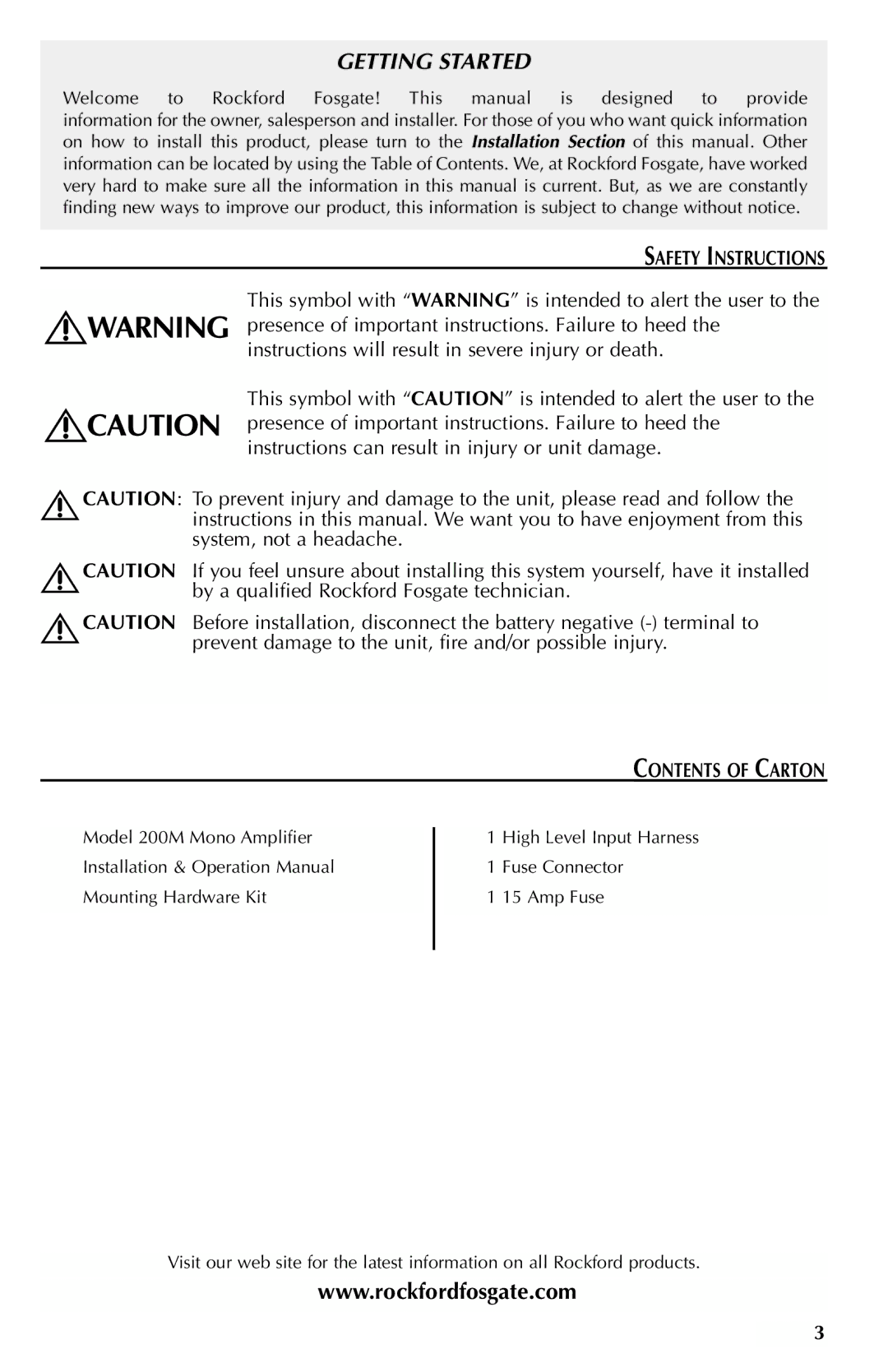 Rockford Fosgate Mono Amplifier manual Safety Instructions, Contents of Carton 