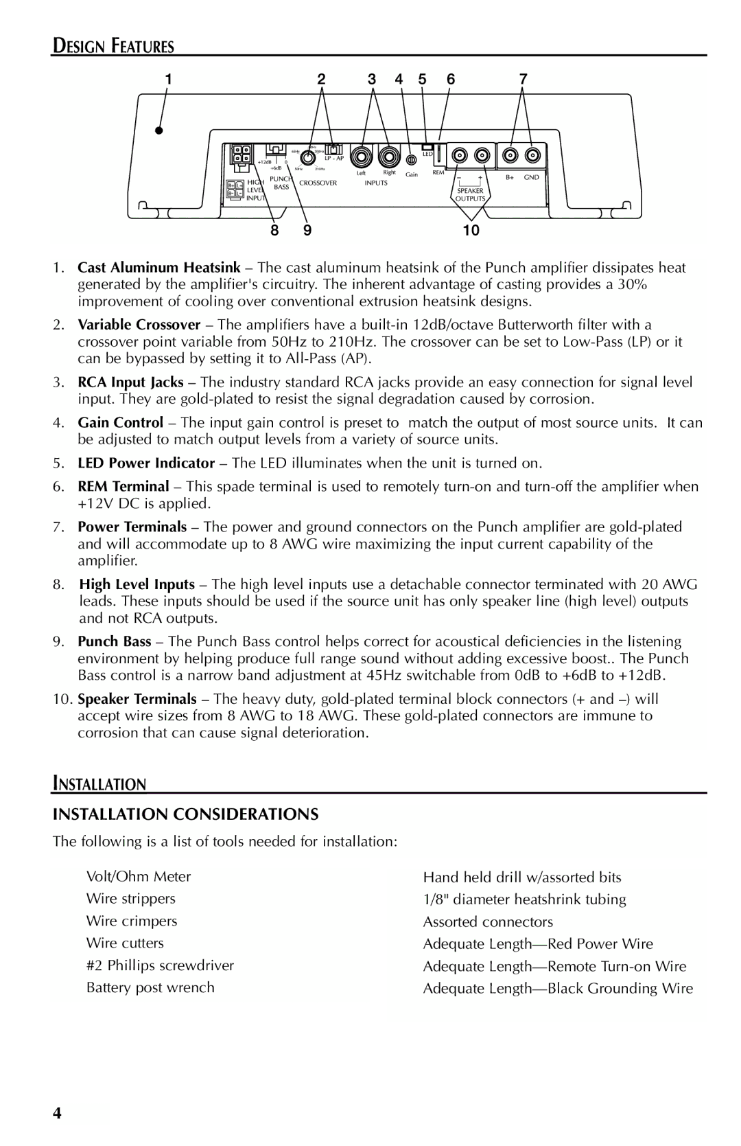 Rockford Fosgate Mono Amplifier manual Design Features, Installation Installation Considerations 