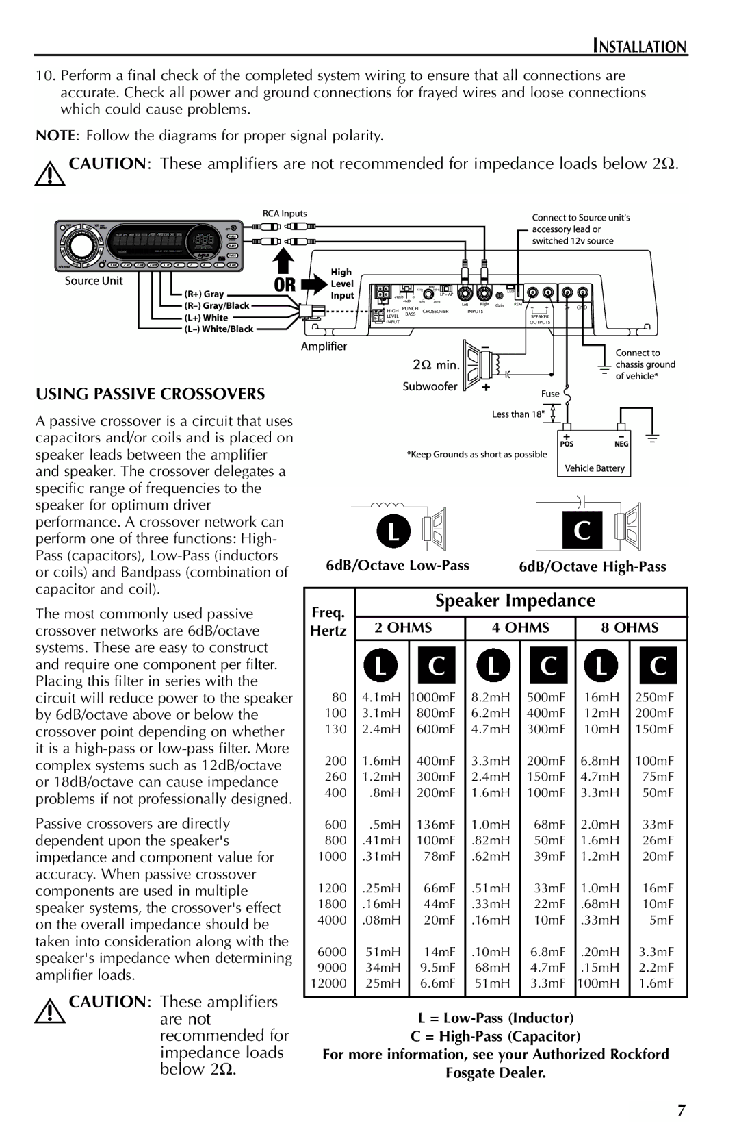 Rockford Fosgate Mono Amplifier manual Speaker Impedance, Using Passive Crossovers 