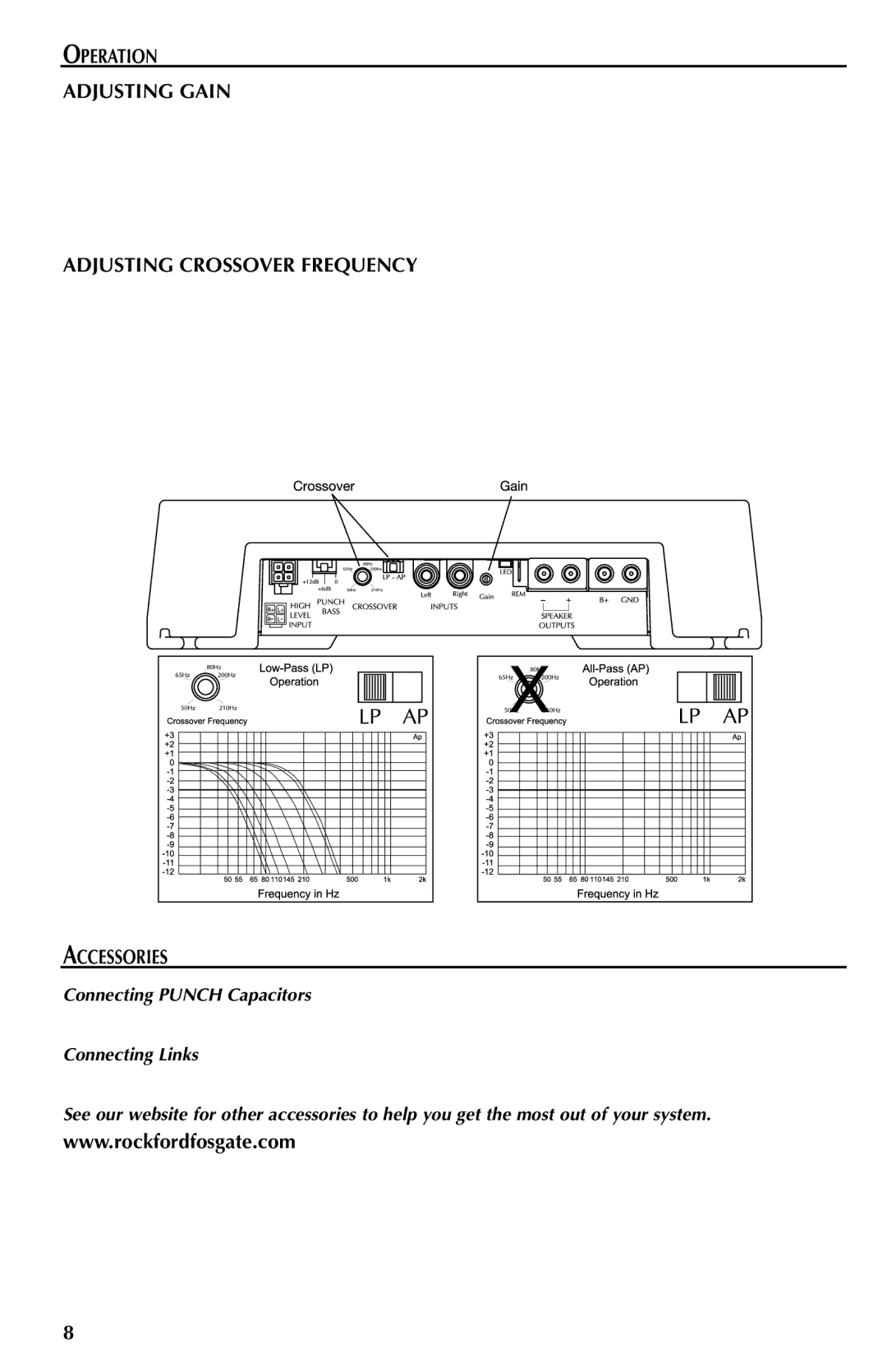 Rockford Fosgate Mono Amplifier manual Operation Adjusting Gain, Adjusting Crossover Frequency, Accessories 