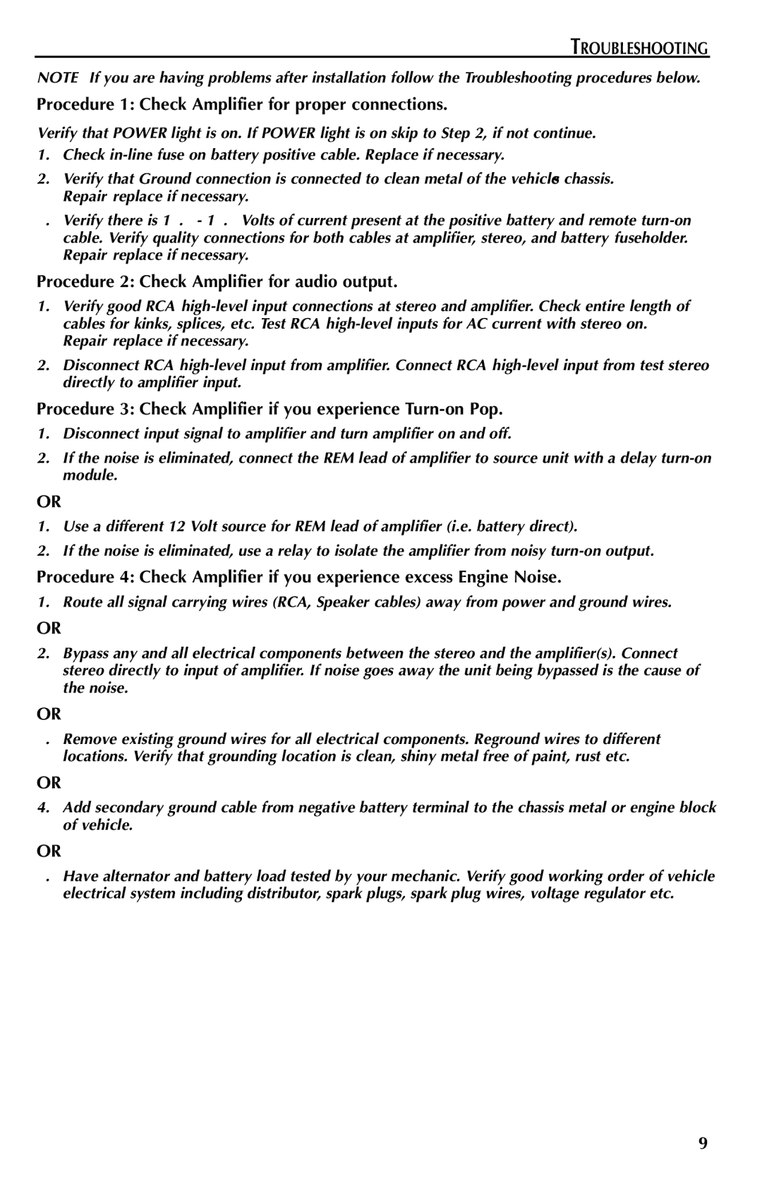 Rockford Fosgate Mono Amplifier manual Troubleshooting, Procedure 1 Check Amplifier for proper connections 