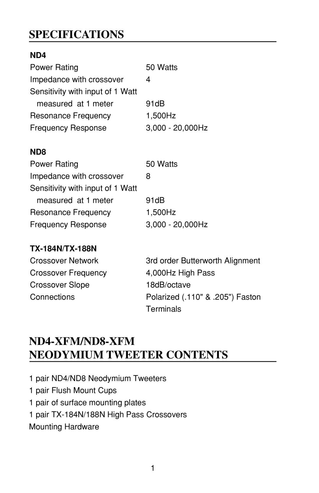 Rockford Fosgate owner manual Specifications, ND4-XFM/ND8-XFM Neodymium Tweeter Contents 