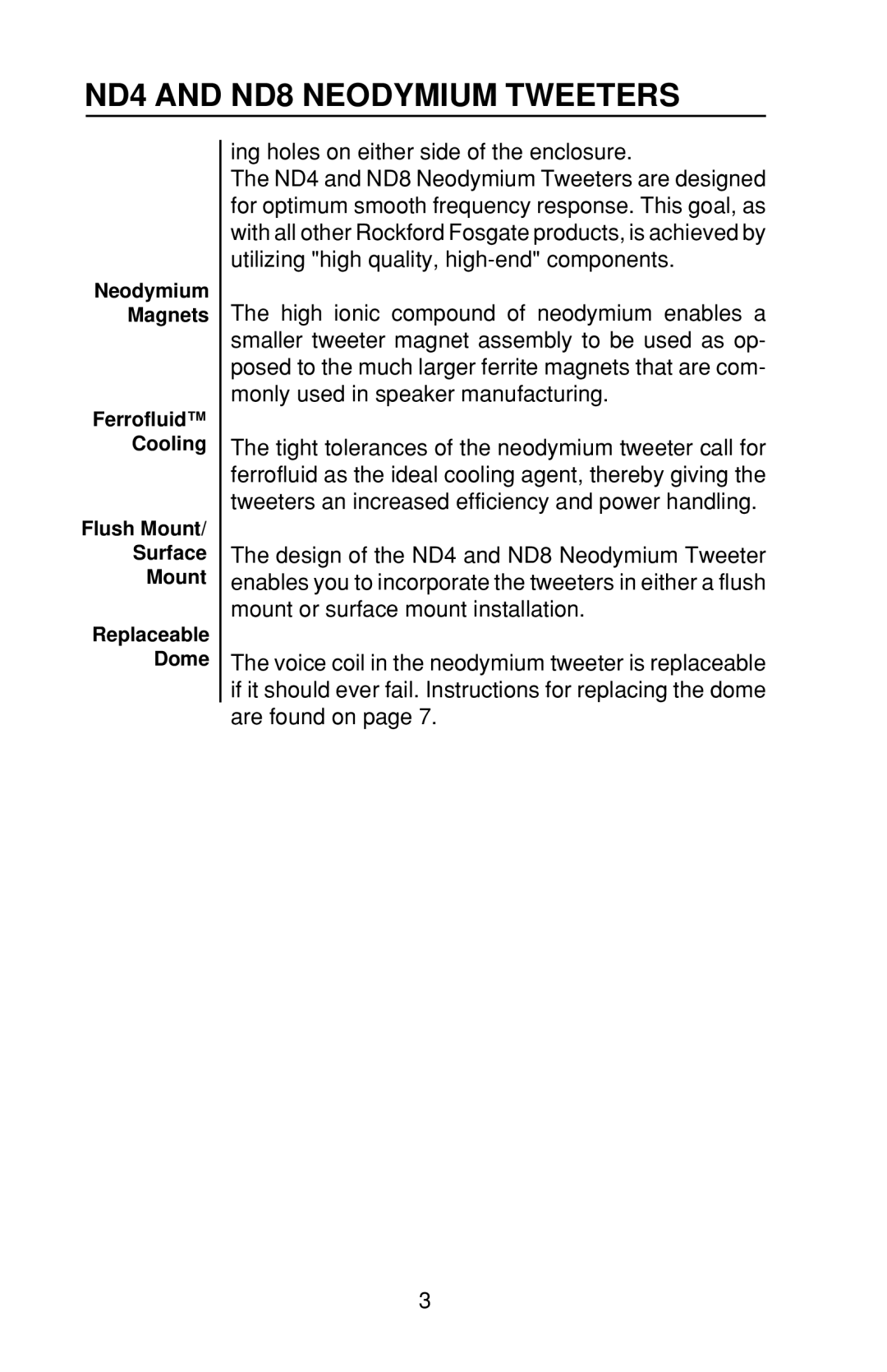 Rockford Fosgate ND4-XFM, ND8-XFM owner manual ND4 and ND8 Neodymium Tweeters 