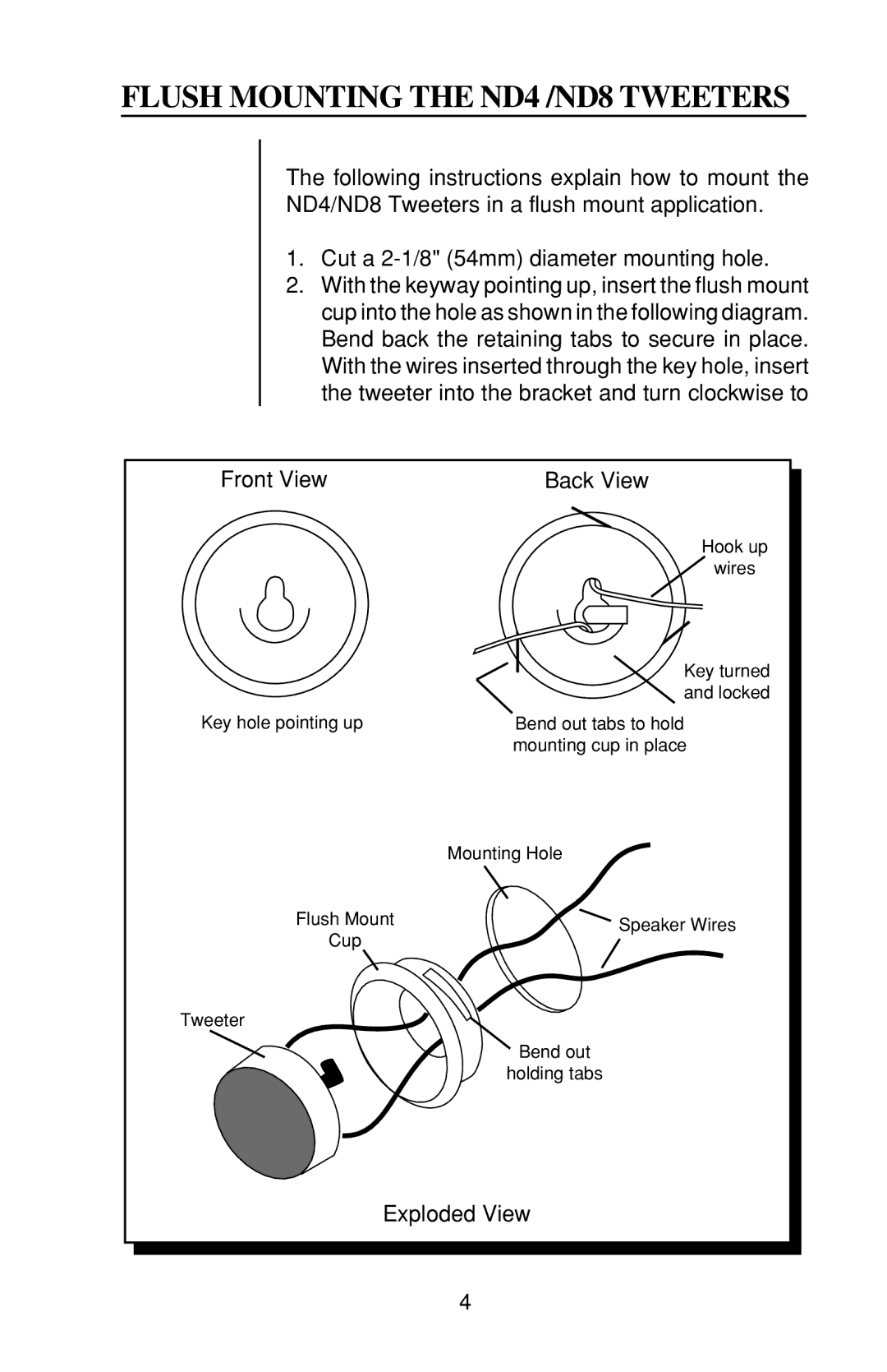 Rockford Fosgate ND8-XFM, ND4-XFM owner manual Flush Mounting the ND4 /ND8 Tweeters, Front View Back View 