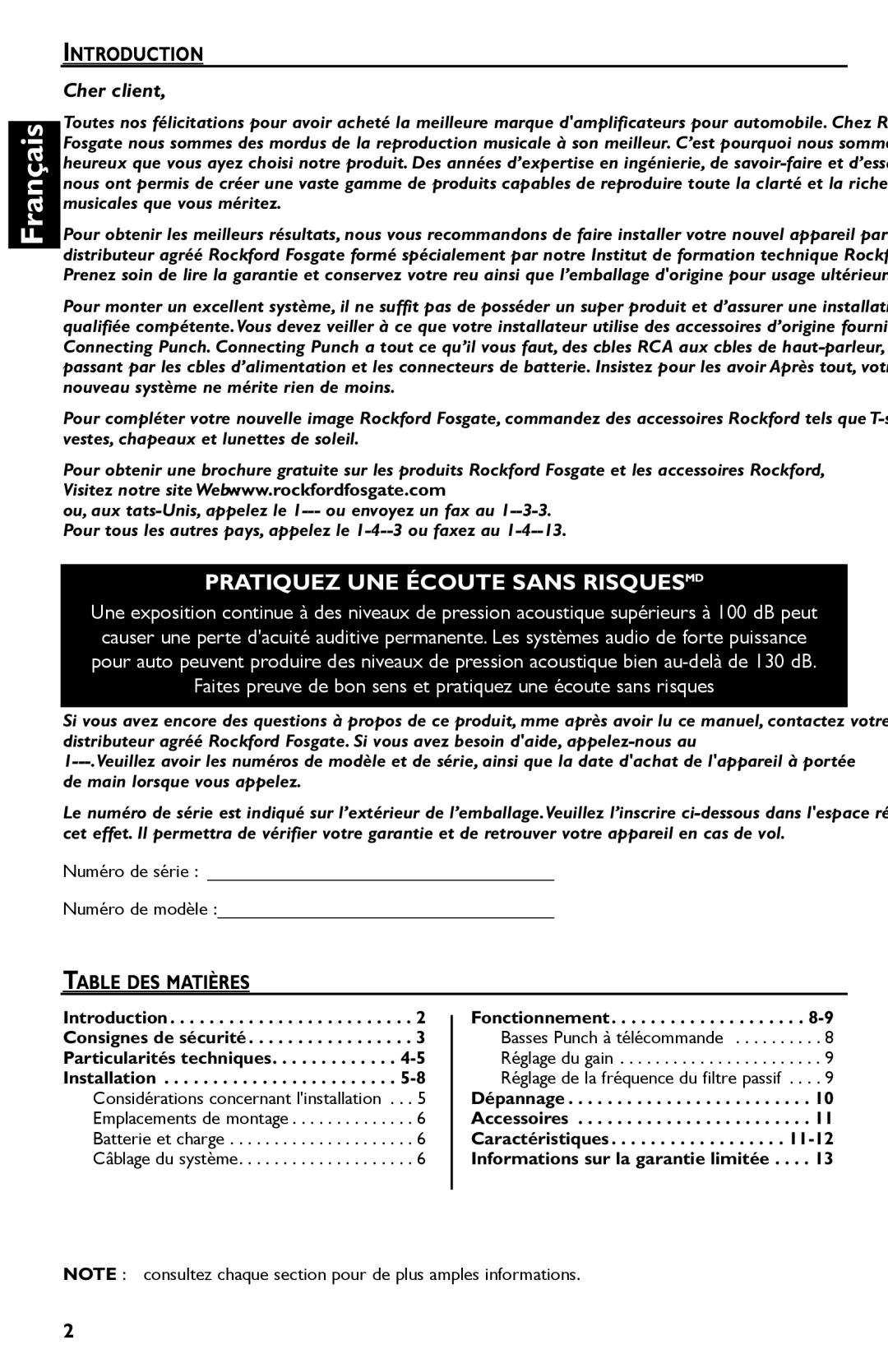 Rockford Fosgate P250.2, P1200.2, P850.2, P450.2, P650.2, P325.2, P550.2, P200.2 manual Français, Table DES Matières 