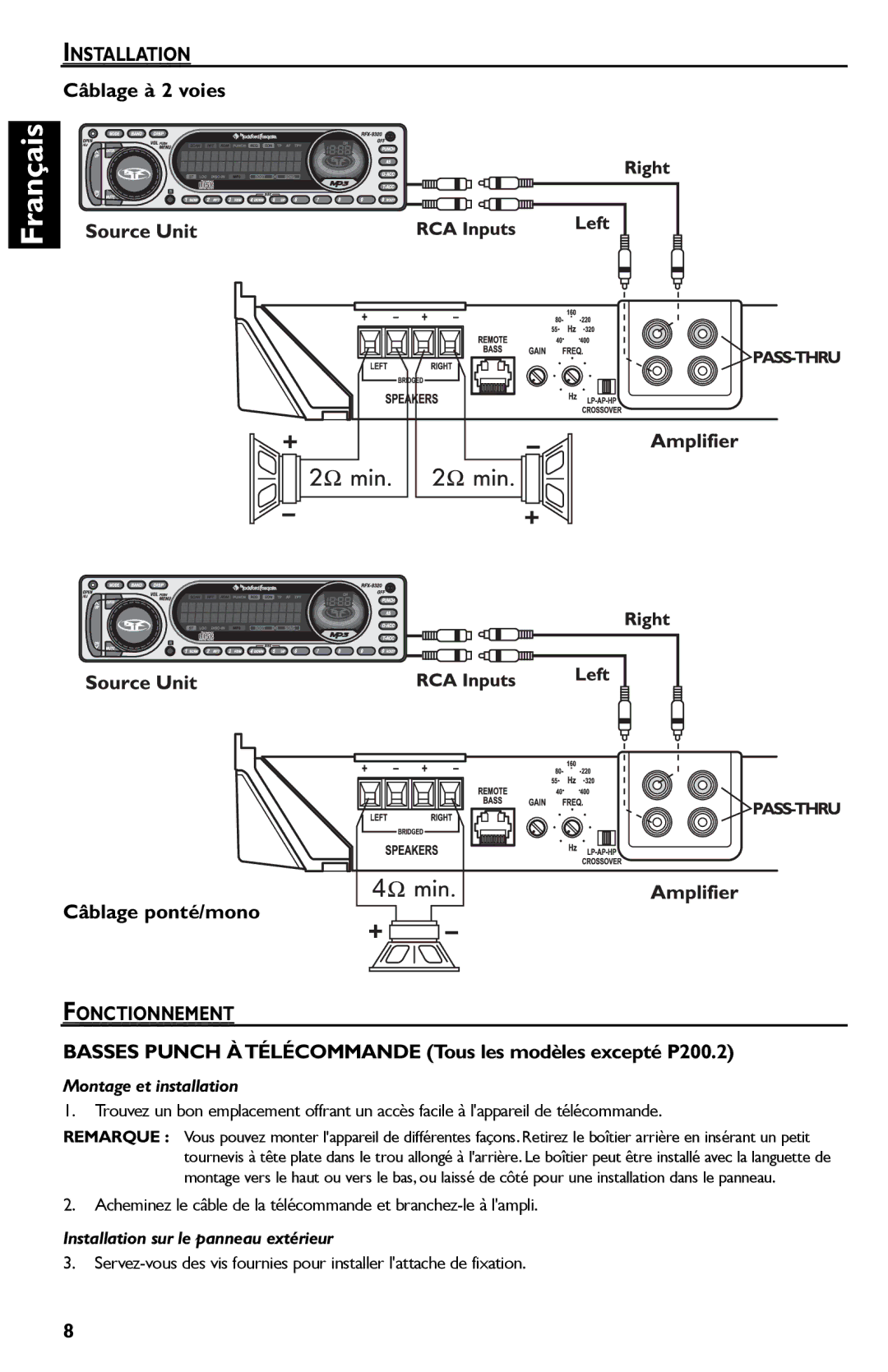 Rockford Fosgate P325.2, P1200.2, P850.2, P450.2, P650.2, P550.2, P250.2 Câblage à 2 voies, Câblage ponté/mono, Fonctionnement 