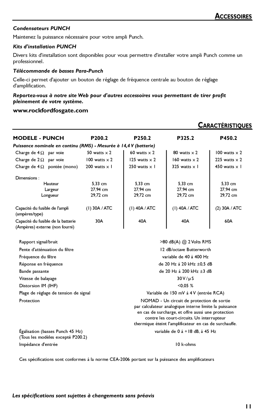 Rockford Fosgate P200.2, P1200.2, P850.2, P450.2, P650.2, P325.2, P550.2, P250.2 manual Accessoires, Caractéristiques 