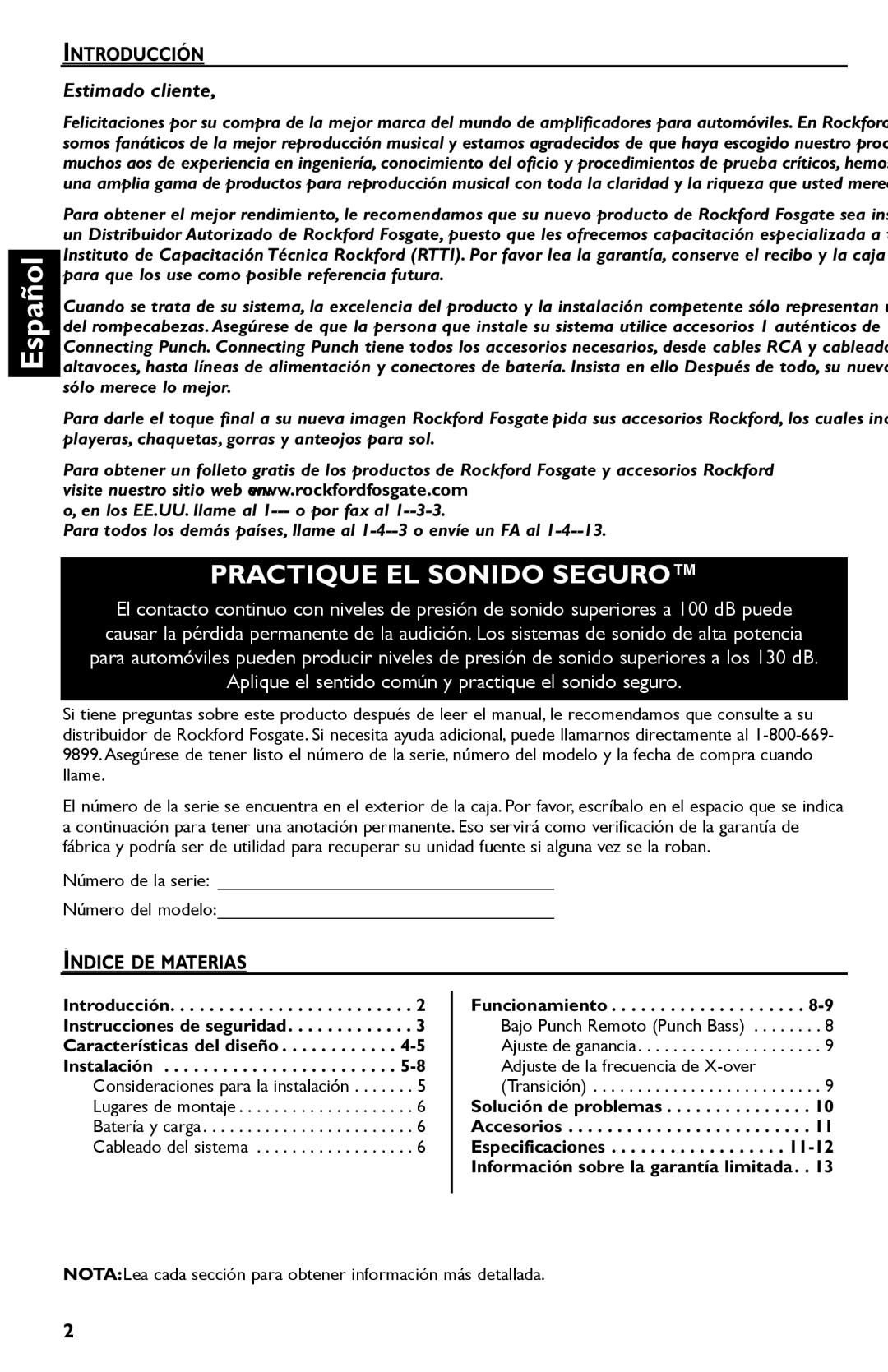 Rockford Fosgate P450.2, P1200.2, P850.2, P650.2, P325.2, P550.2, P250.2, P200.2 manual Introducción, Índice DE Materias 