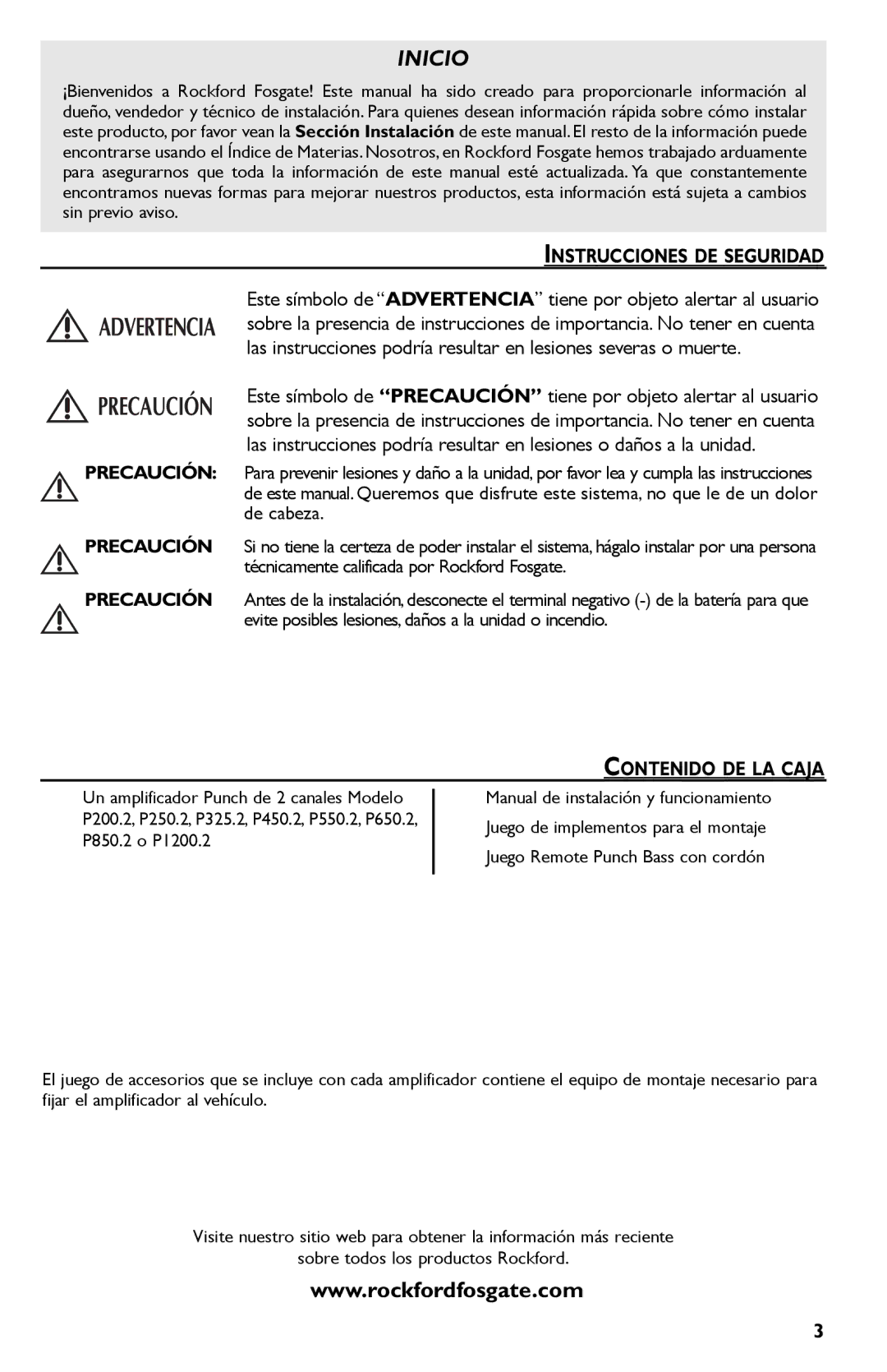 Rockford Fosgate P650.2, P1200.2, P850.2, P450.2, P325.2, P550.2, P250.2 manual Instrucciones DE Seguridad, Contenido DE LA Caja 