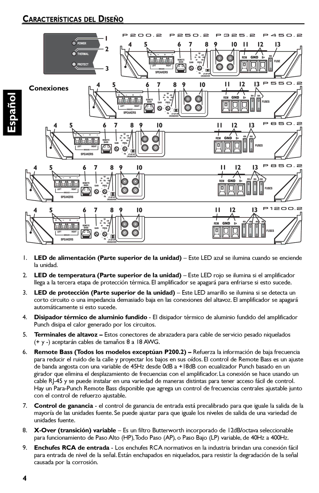 Rockford Fosgate P325.2, P1200.2, P850.2, P450.2, P650.2, P550.2, P250.2, P200.2 manual Características DEL Diseño, Conexiones 