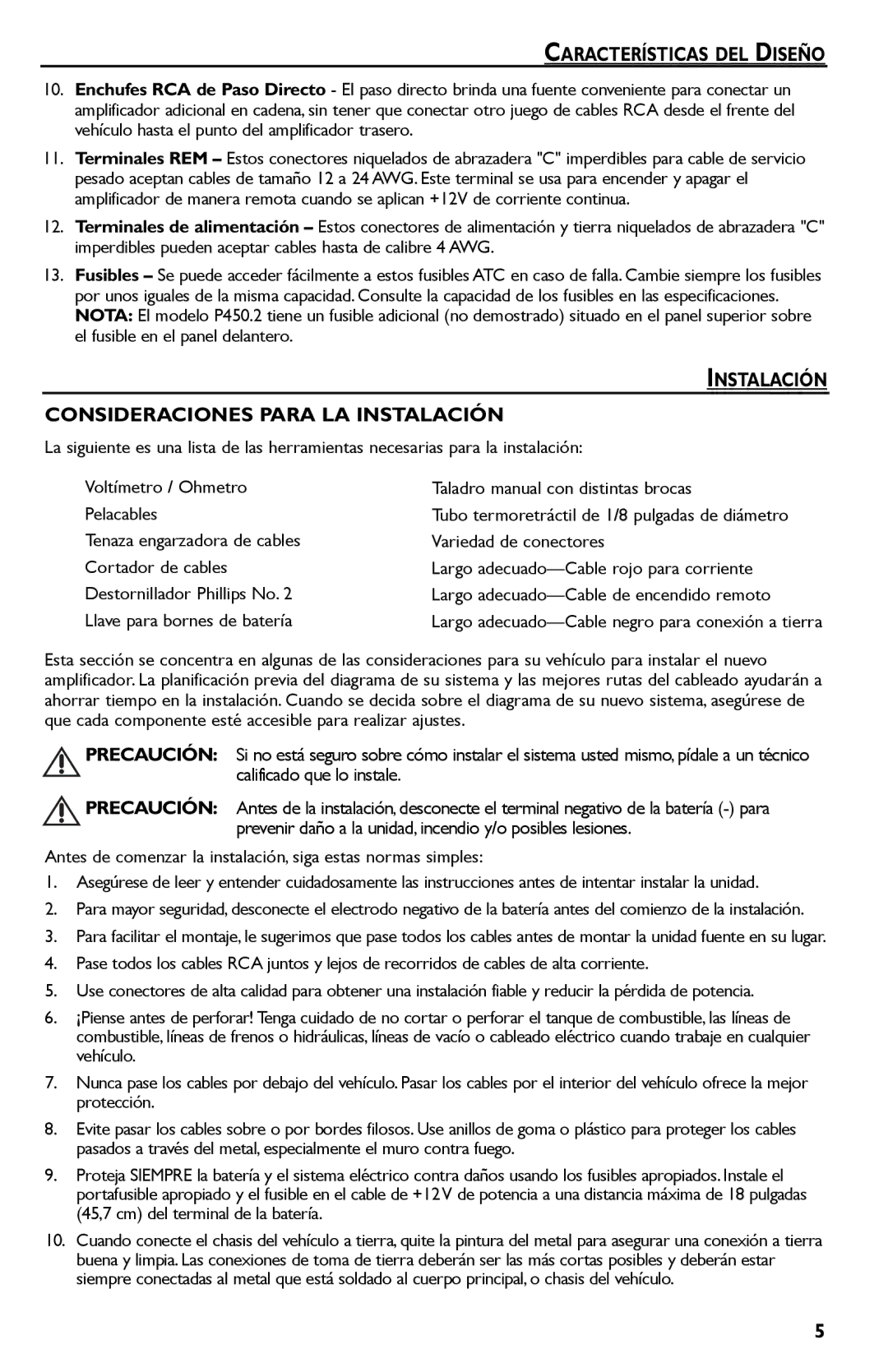 Rockford Fosgate P550.2, P1200.2, P850.2, P450.2, P650.2, P325.2, P250.2, P200.2 Instalación Consideraciones Para LA Instalación 