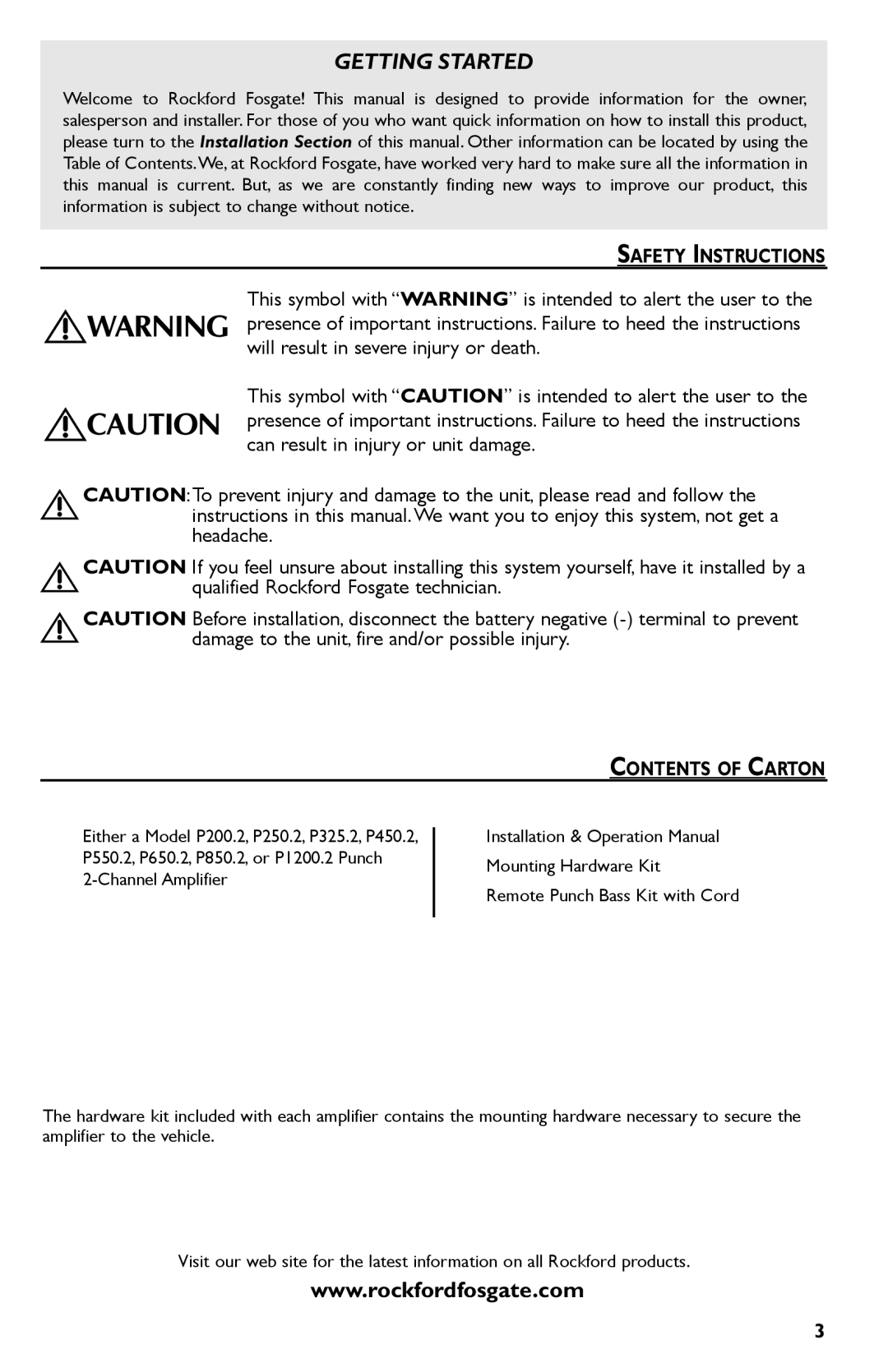 Rockford Fosgate P650.2, P1200.2, P850.2, P450.2, P325.2, P550.2, P250.2, P200.2 manual Safety Instructions, Contents of Carton 