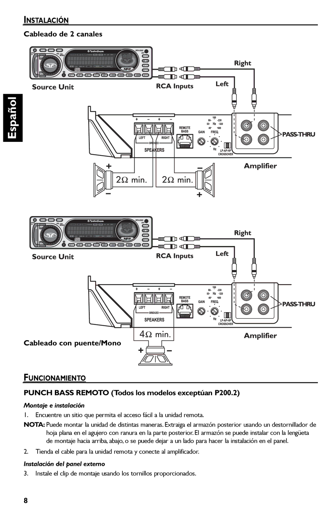 Rockford Fosgate P1200.2, P850.2, P450.2, P650.2, P325.2 manual Cableado de 2 canales, Cableado con puente/Mono, Funcionamiento 