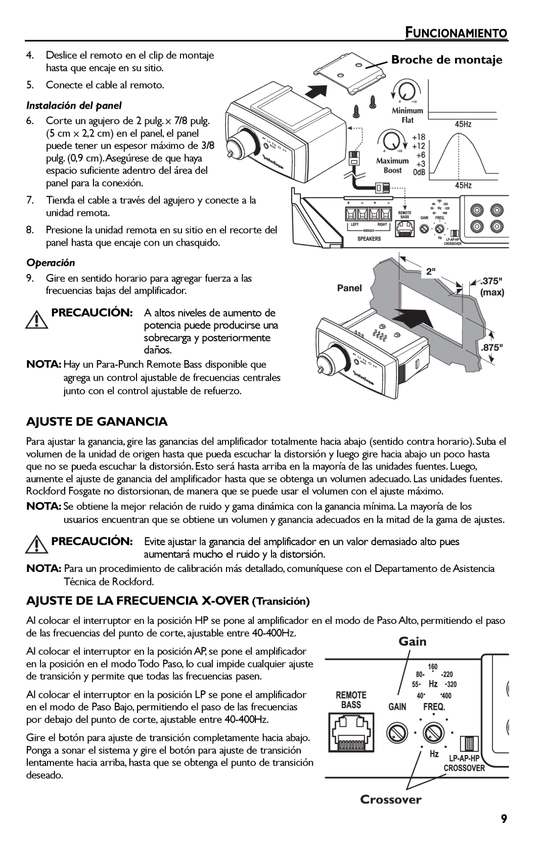 Rockford Fosgate P850.2 manual Broche de montaje, Ajuste DE Ganancia, Ajuste DE LA Frecuencia X-OVER Transición, Operación 