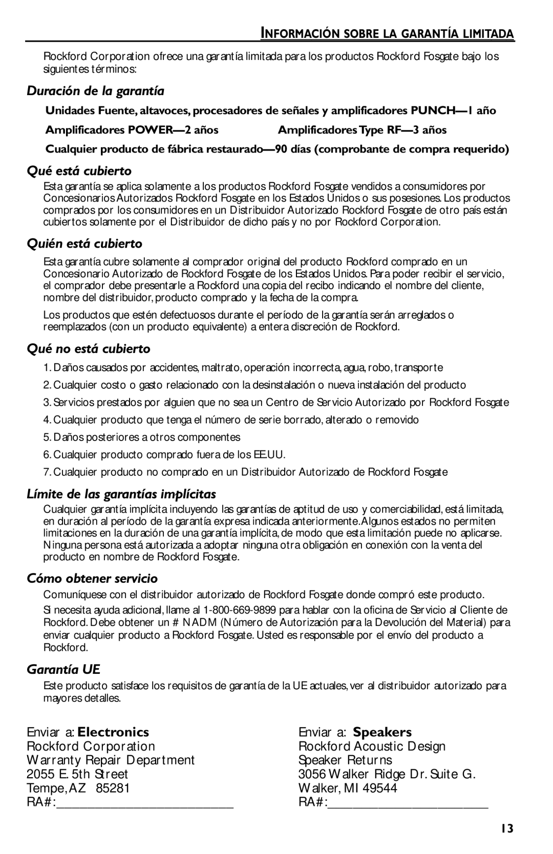 Rockford Fosgate P550.2, P1200.2, P850.2, P450.2, P650.2 manual Duración de la garantía, Información Sobre LA Garantía Limitada 