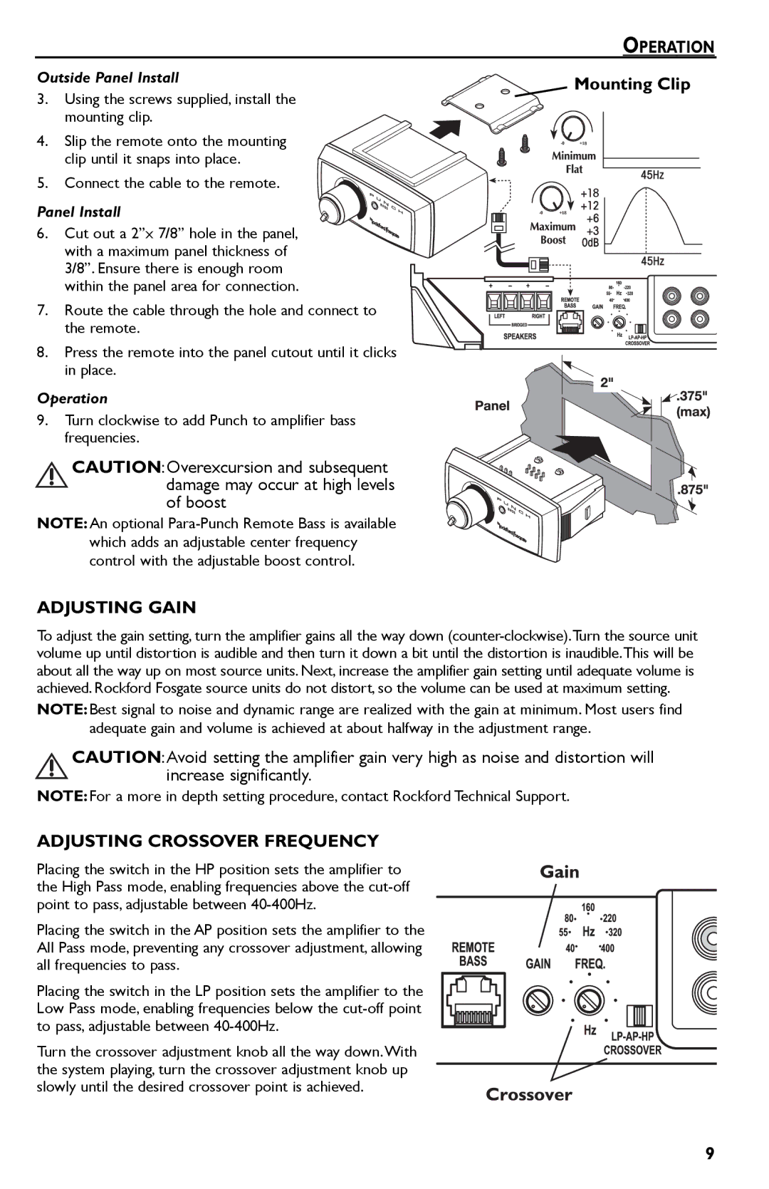 Rockford Fosgate P850.2, P1200.2, P450.2 Adjusting Gain, Adjusting Crossover Frequency, Outside Panel Install, Operation 