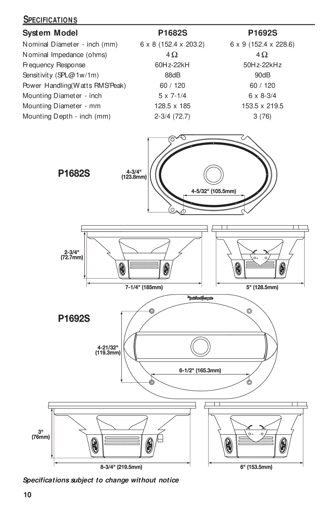 Rockford Fosgate P1692S, P1682S, P1T, P152S, P162S manual 8 152.4 x 9 152.4 x, 60Hz-22kH 50Hz-22kHz, 7-1/4, 128.5 x 153.5 x 