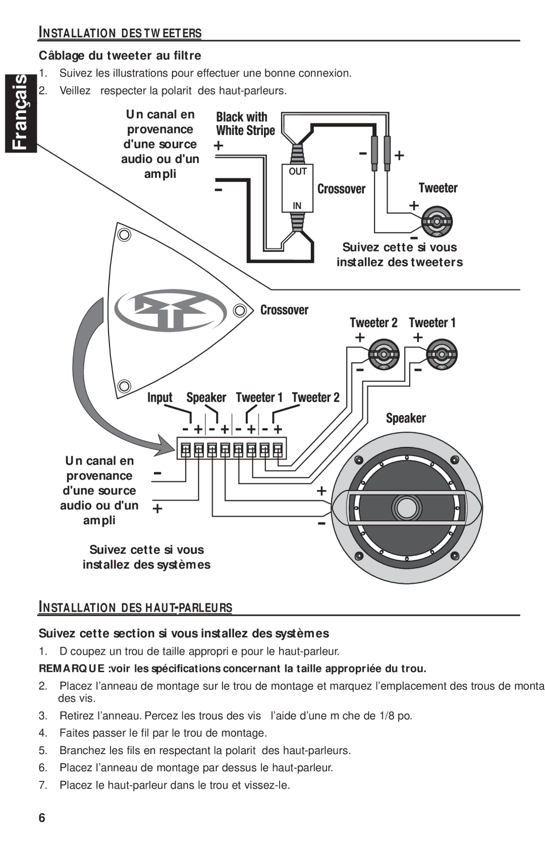 Rockford Fosgate P1682S, P1692S, P1T, P152S, P162S manual Câblage du tweeter au filtre, Installation DES HAUT-PARLEURS 