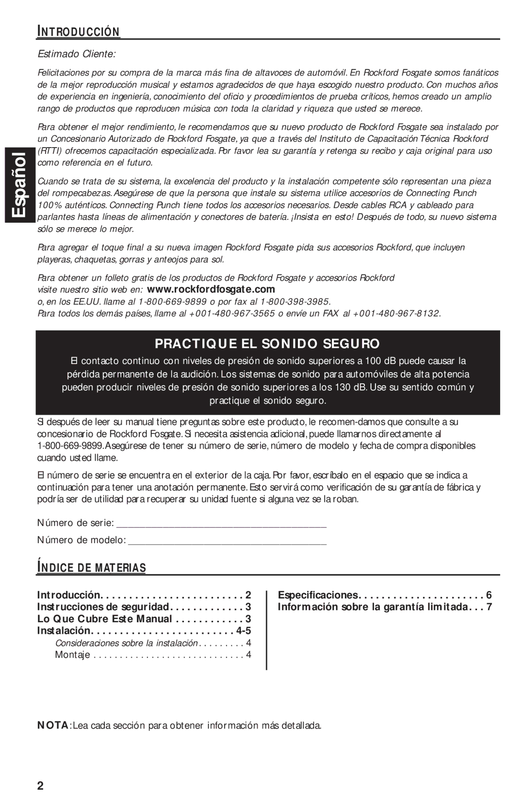 Rockford Fosgate P1692S, P1682S, P1T, P152S, P162S manual Introducción, Índice DE Materias, Número de serie Número de modelo 
