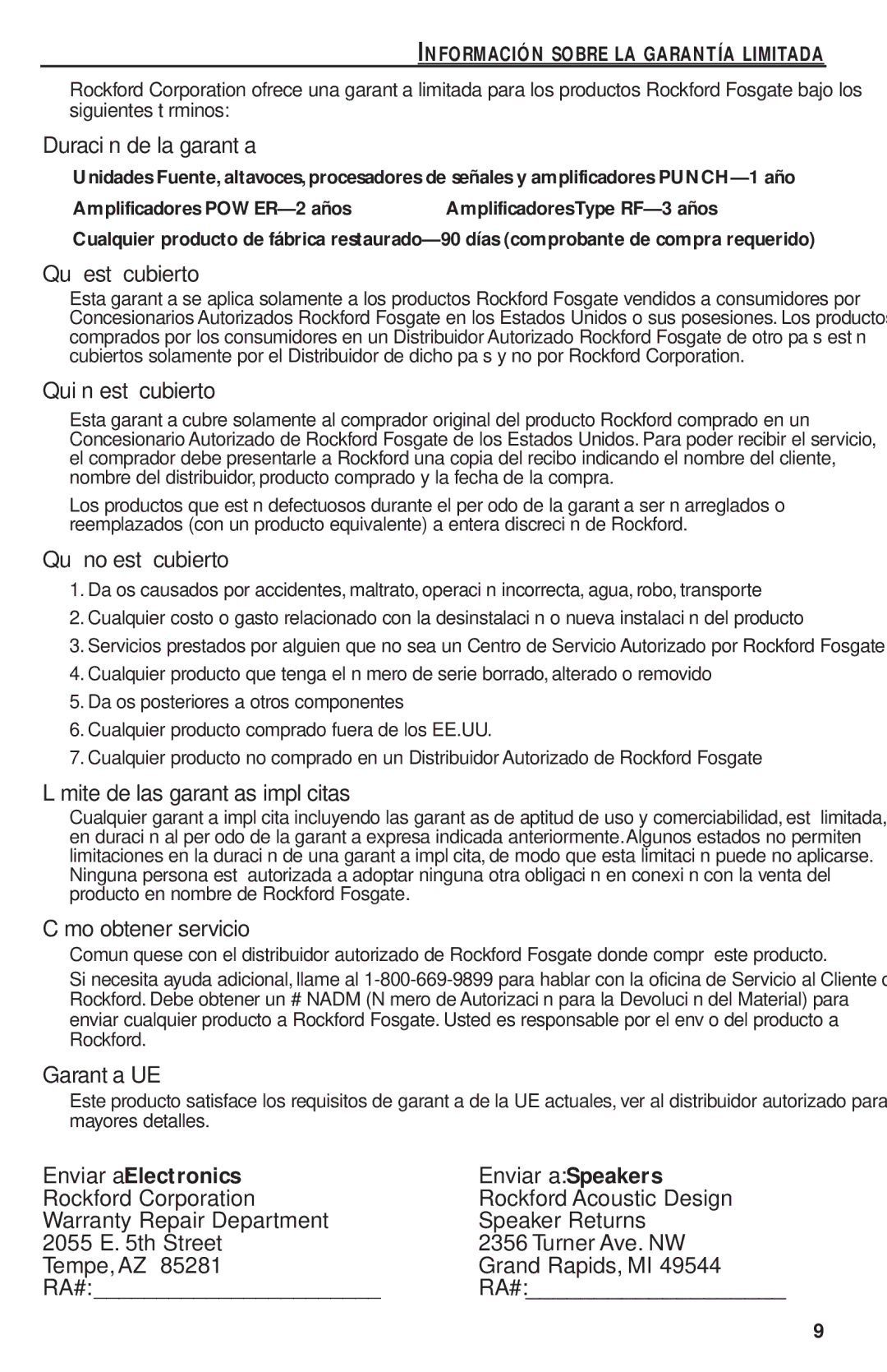 Rockford Fosgate P1T, P1692S manual Información Sobre LA Garantía Limitada, Rockford SpeakersAcoustic Design Speaker Returns 