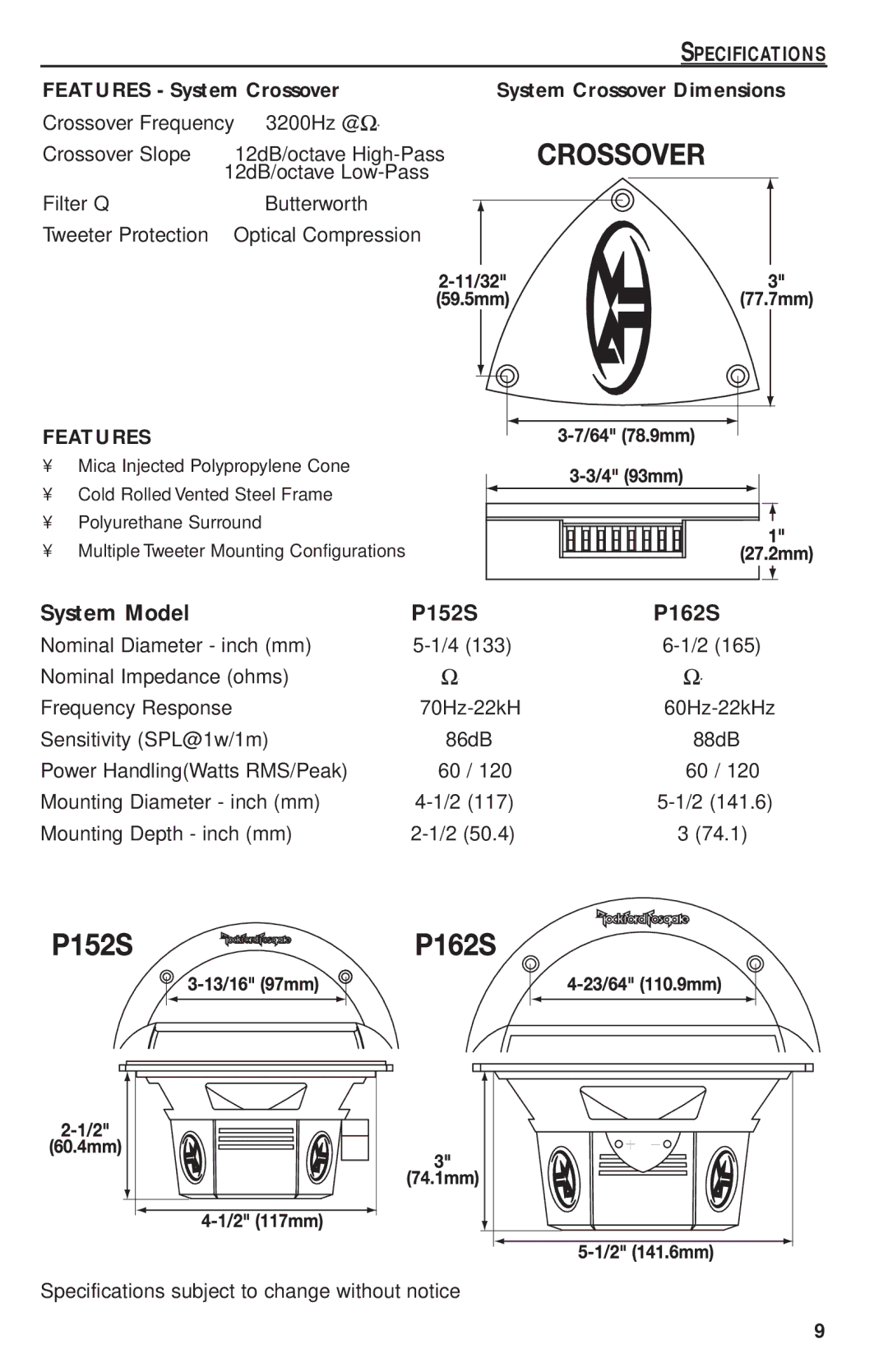 Rockford Fosgate P162S, P1692S, P1682S, P1T manual Features System Crossover System Crossover Dimensions, P152S 