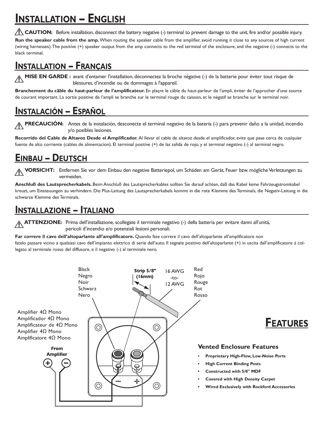 Rockford Fosgate P1L-1X10, P1L-1X12, P1L-2X12, P1L-2X10 manual Installation English, Features 