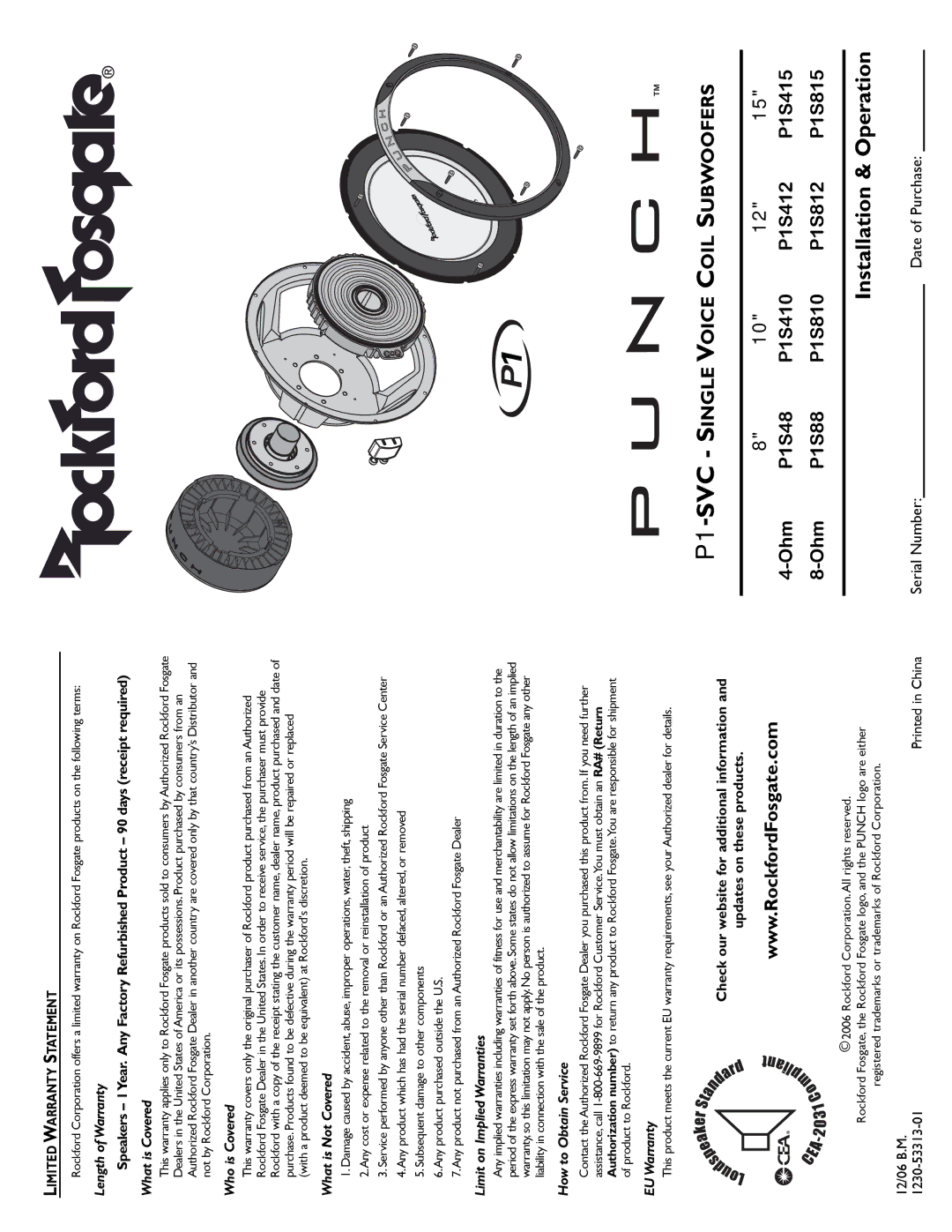 Rockford Fosgate P1S4/12, P1S815 warranty Ohm 