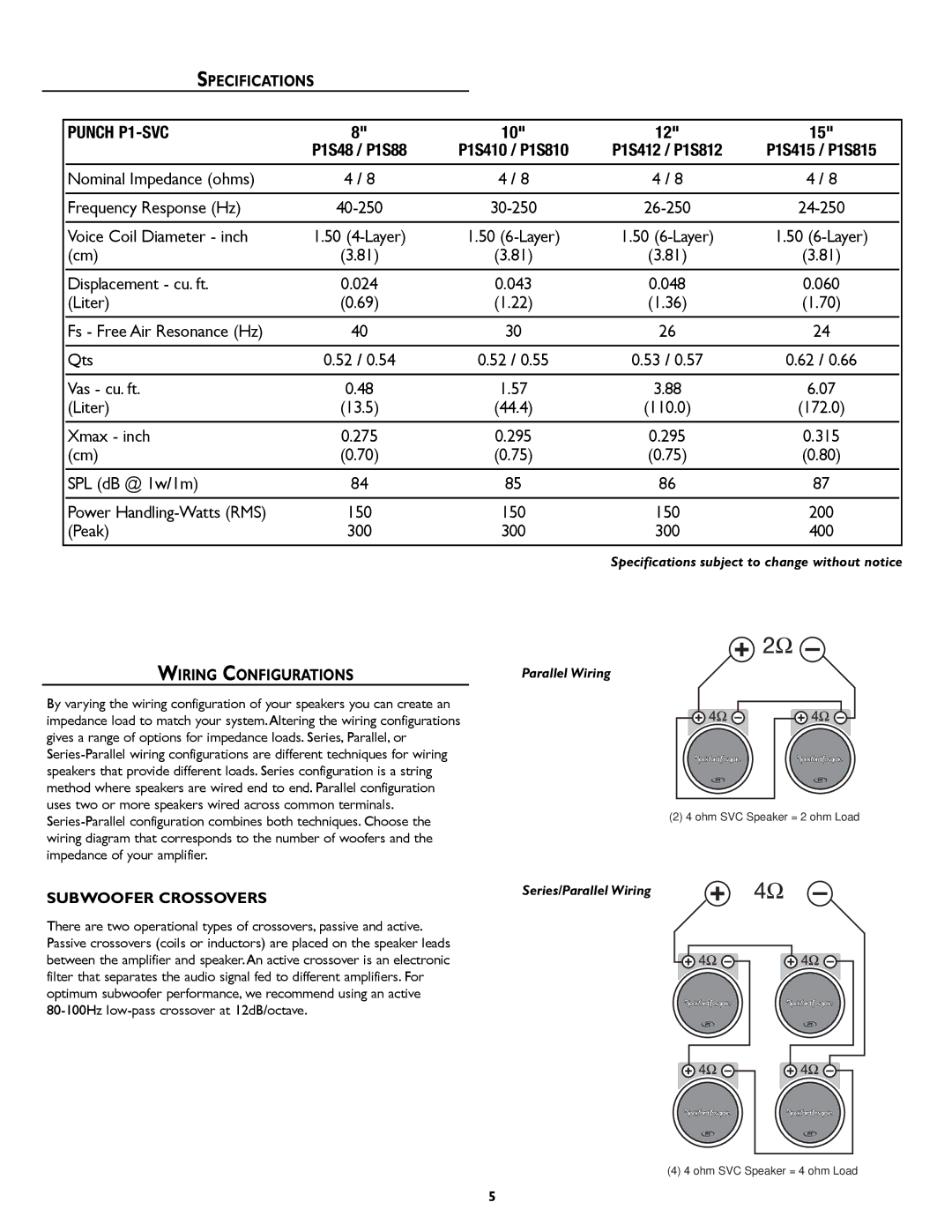 Rockford Fosgate P1S4/12, P1S815 warranty Specifications, Wiring Configurations, Subwoofer Crossovers, Parallel Wiring 