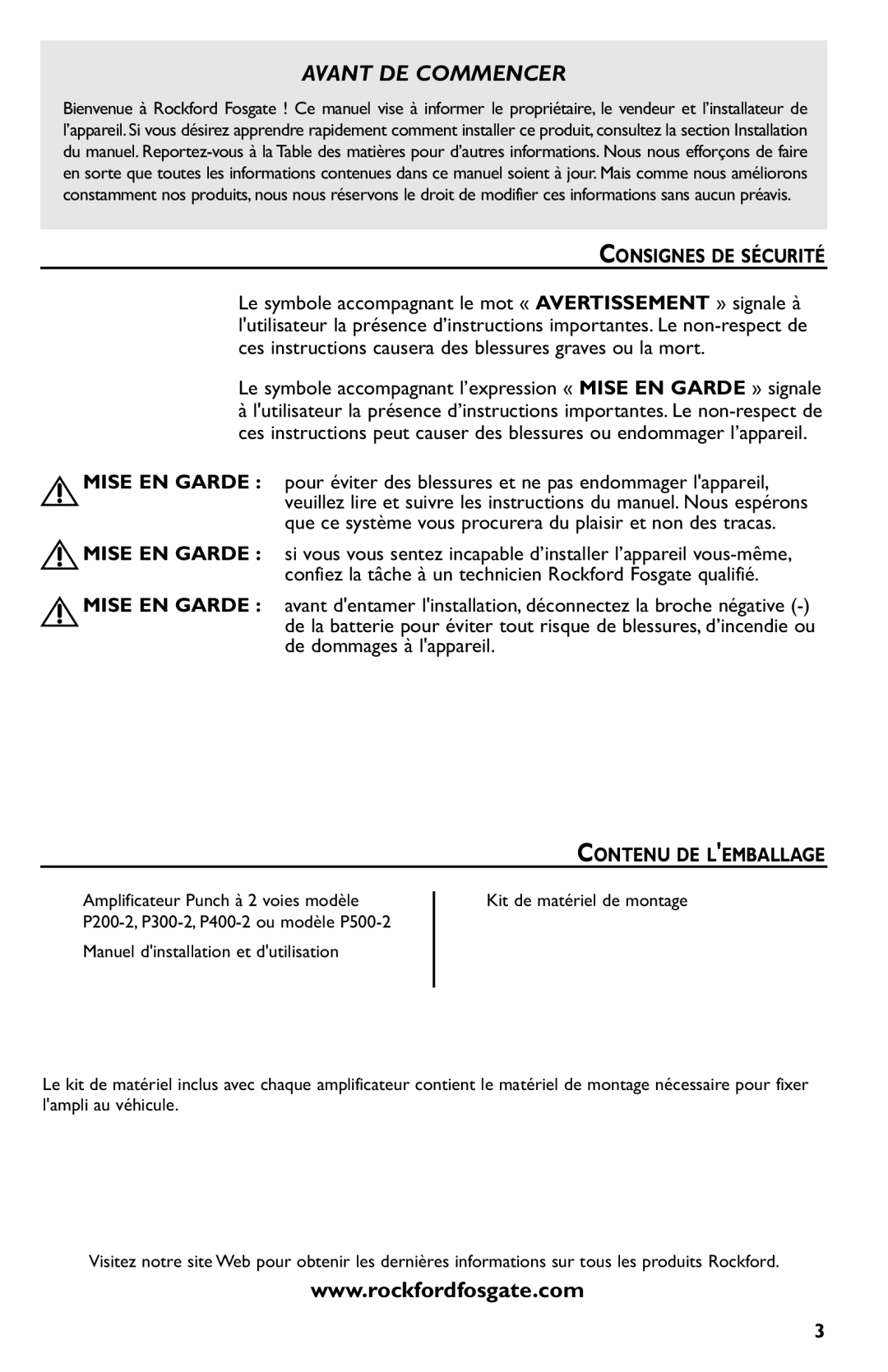 Rockford Fosgate p3002 manual Consignes DE Sécurité, Contenu DE Lemballage 