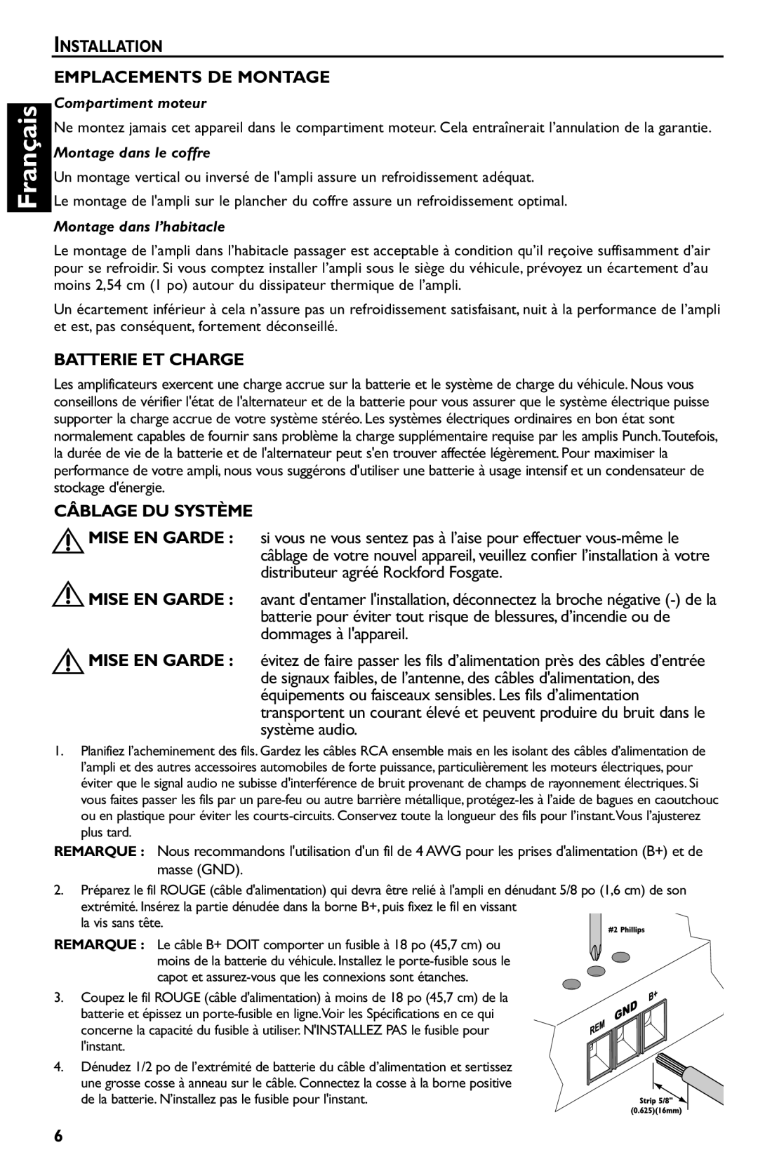 Rockford Fosgate p3002 manual Installation Emplacements DE Montage, Batterie ET Charge, Câblage DU Système 